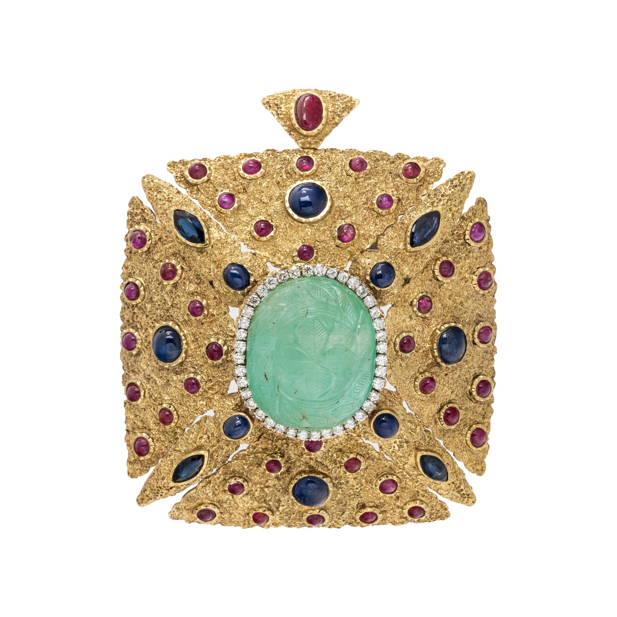 YELLOW GOLD, MULTIGEM AND DIAMOND PENDANT/BROOCH