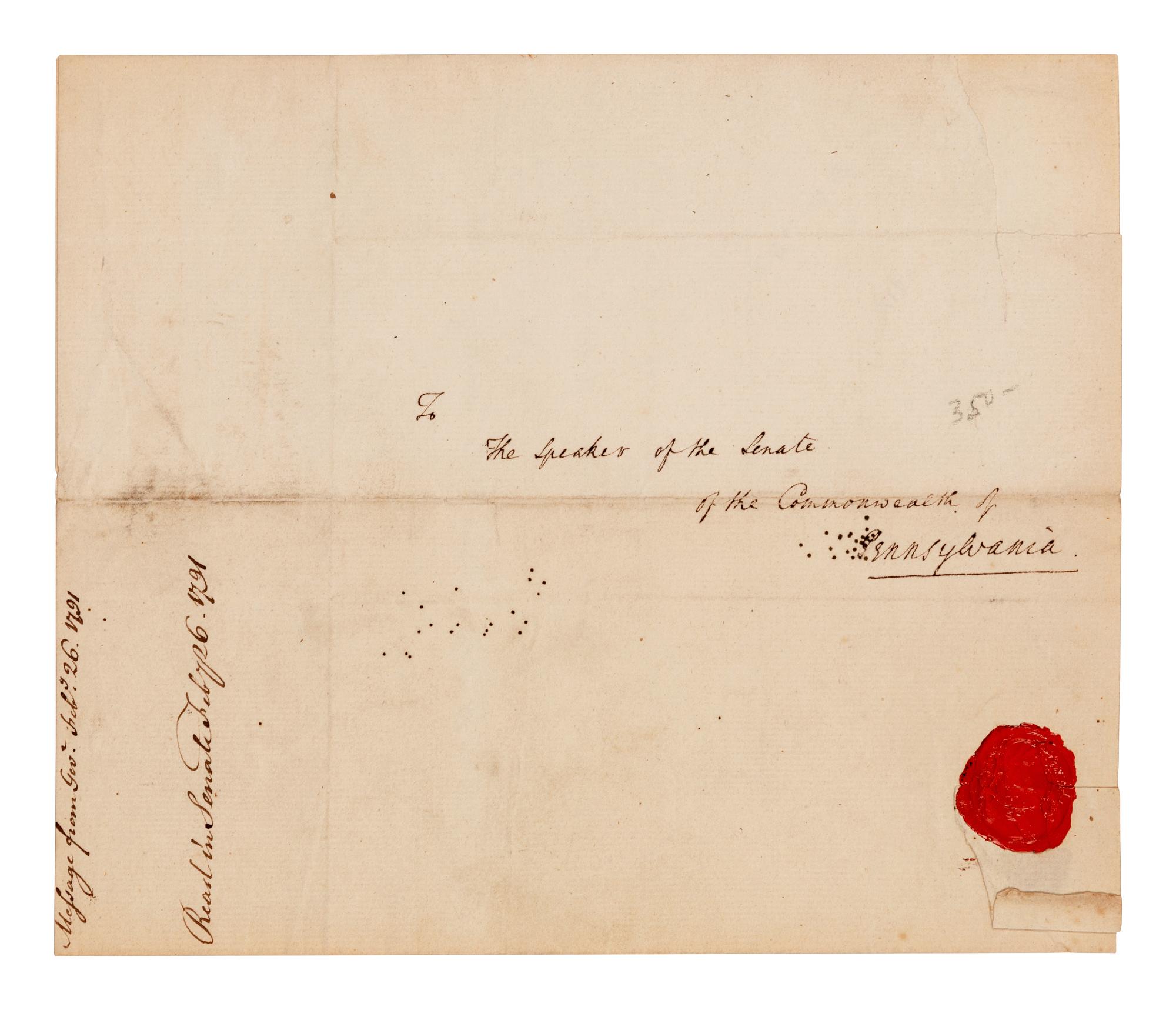 MIFFLIN, Thomas (1744-1800), signer of the Constitution. Manuscript document signed ("Tho Mifflin"), as Governor of Pennsylvania, to the Senate and House of Representatives of the Commonwealth of Pennsylvania. Philadelphia, 26 February 1791.