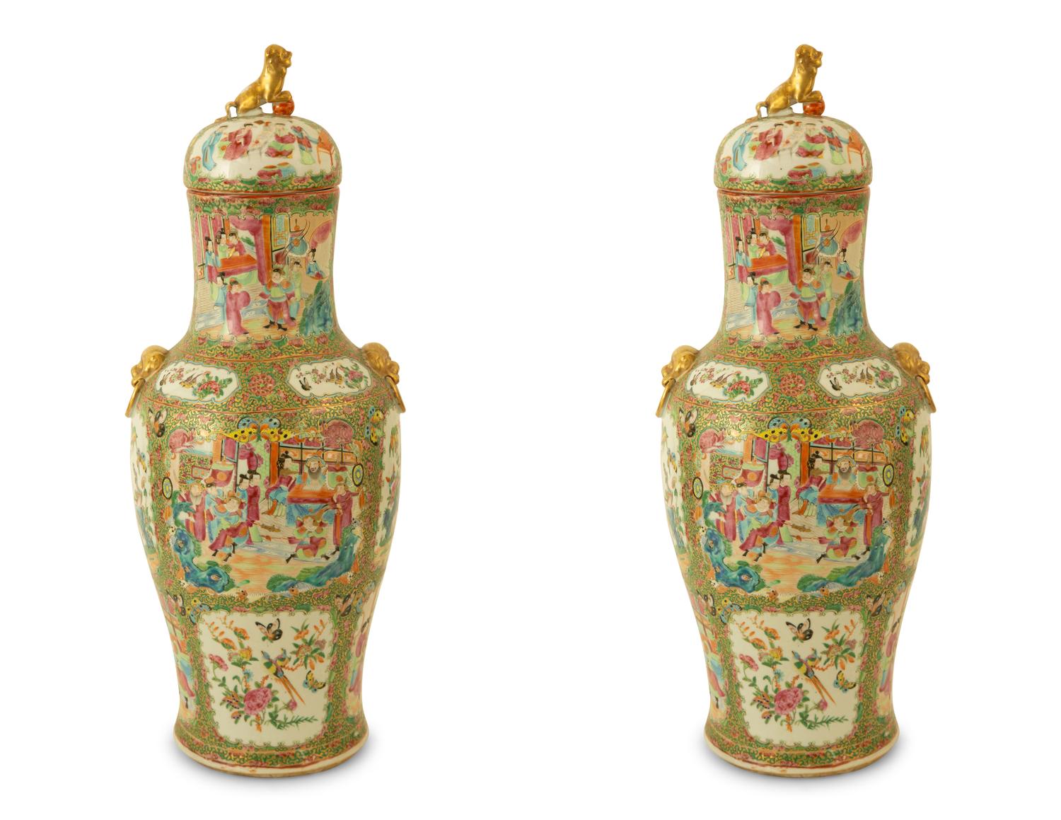 A Large Pair of Chinese Rose Medallion Porcelain Covered Urns