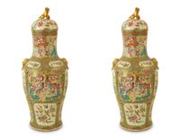 A Large Pair of Chinese Rose Medallion Porcelain Covered Urns