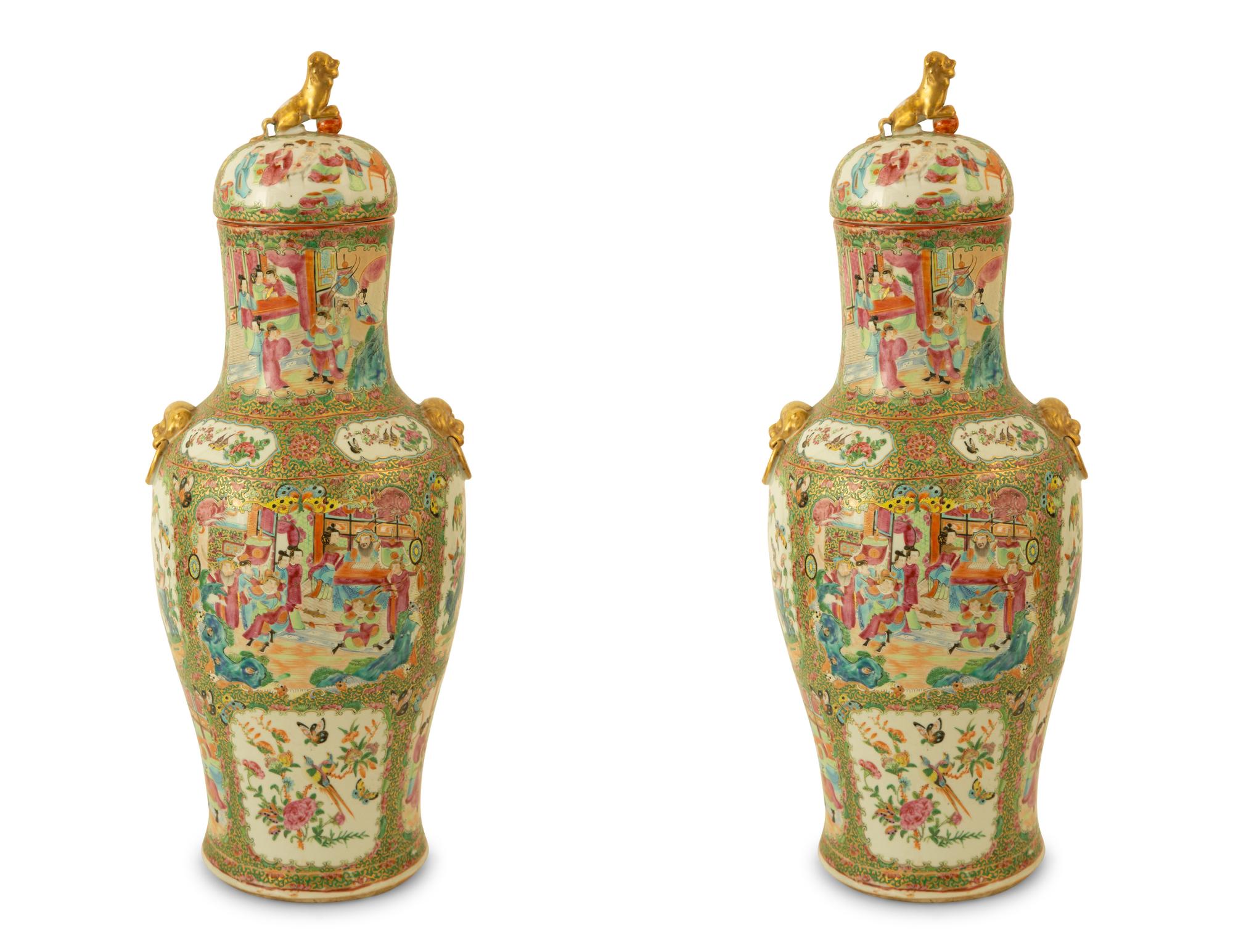 A Large Pair of Chinese Rose Medallion Porcelain Covered Urns