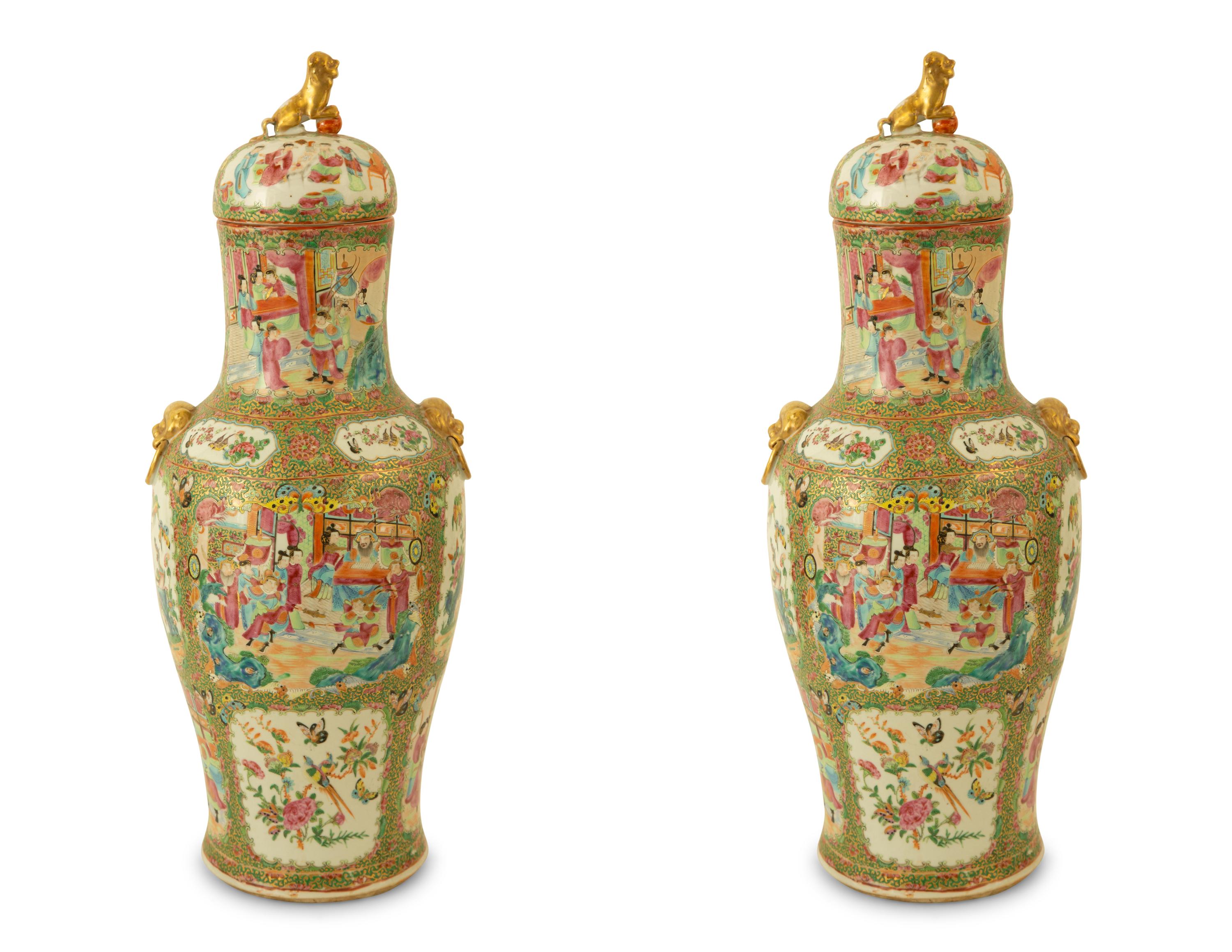 A Large Pair of Chinese Rose Medallion Porcelain Covered Urns