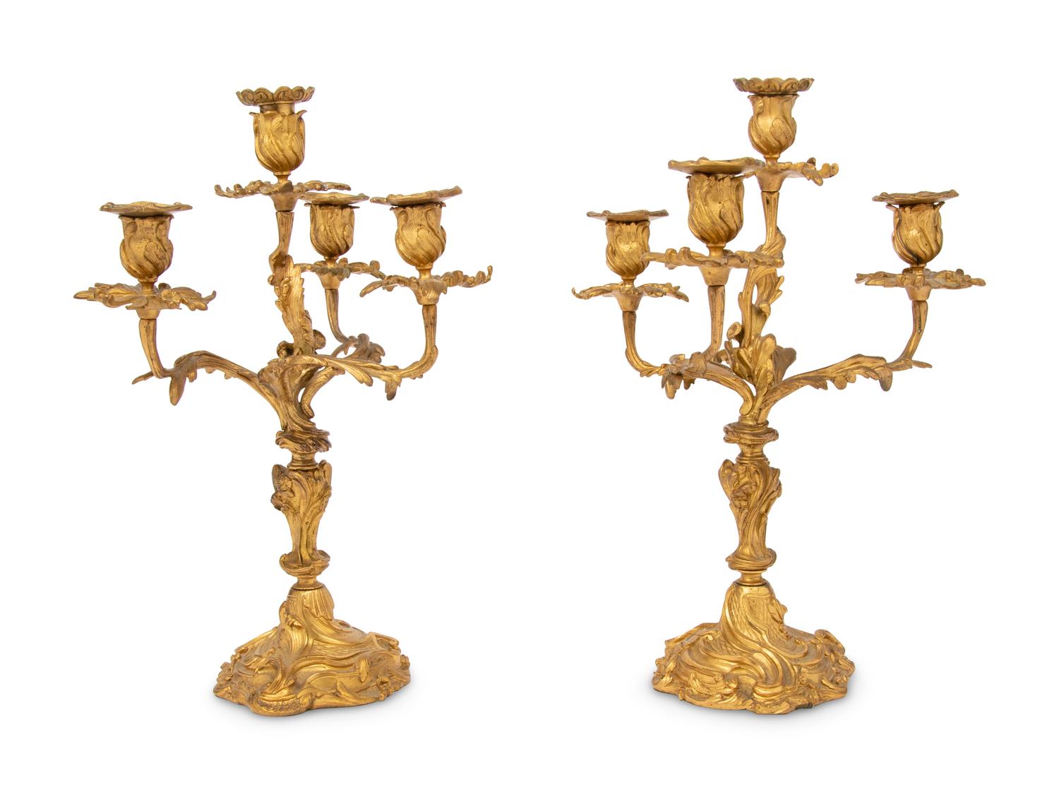A Pair of Louis XV Style Gilt Bronze Four-Light Candelabra