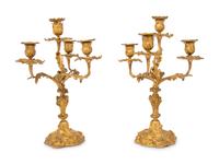 A Pair of Louis XV Style Gilt Bronze Four-Light Candelabra