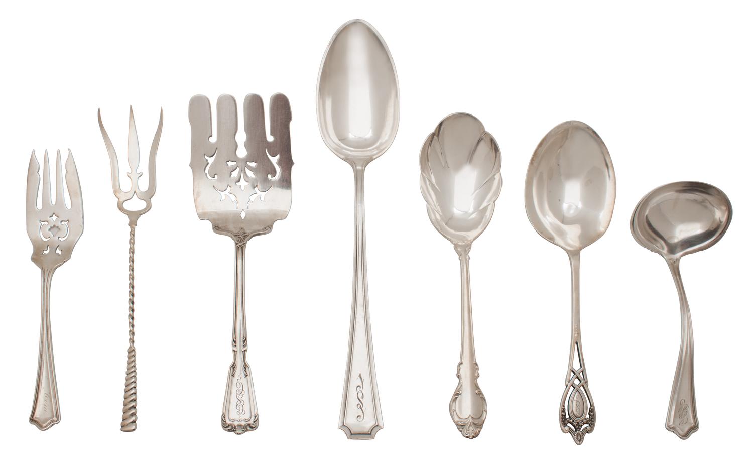Seven Miscellaneous American Silver Serving Pieces, Various Makers, comprising 3 serving spoons, 2 serving forks, a ladle and a cold me