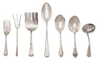 Seven Miscellaneous American Silver Serving Pieces, Various Makers, comprising 3 serving spoons, 2 serving forks, a ladle and a cold me