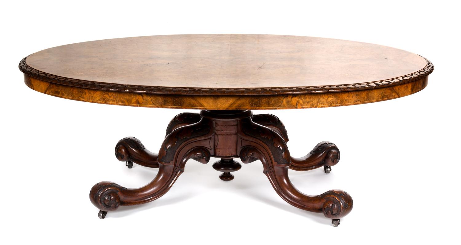 A Victorian Satinwood-Inlaid Burr Walnut Low Table Height 19 x width 54 x depth 40 inches. — LATE 19TH CENTURY