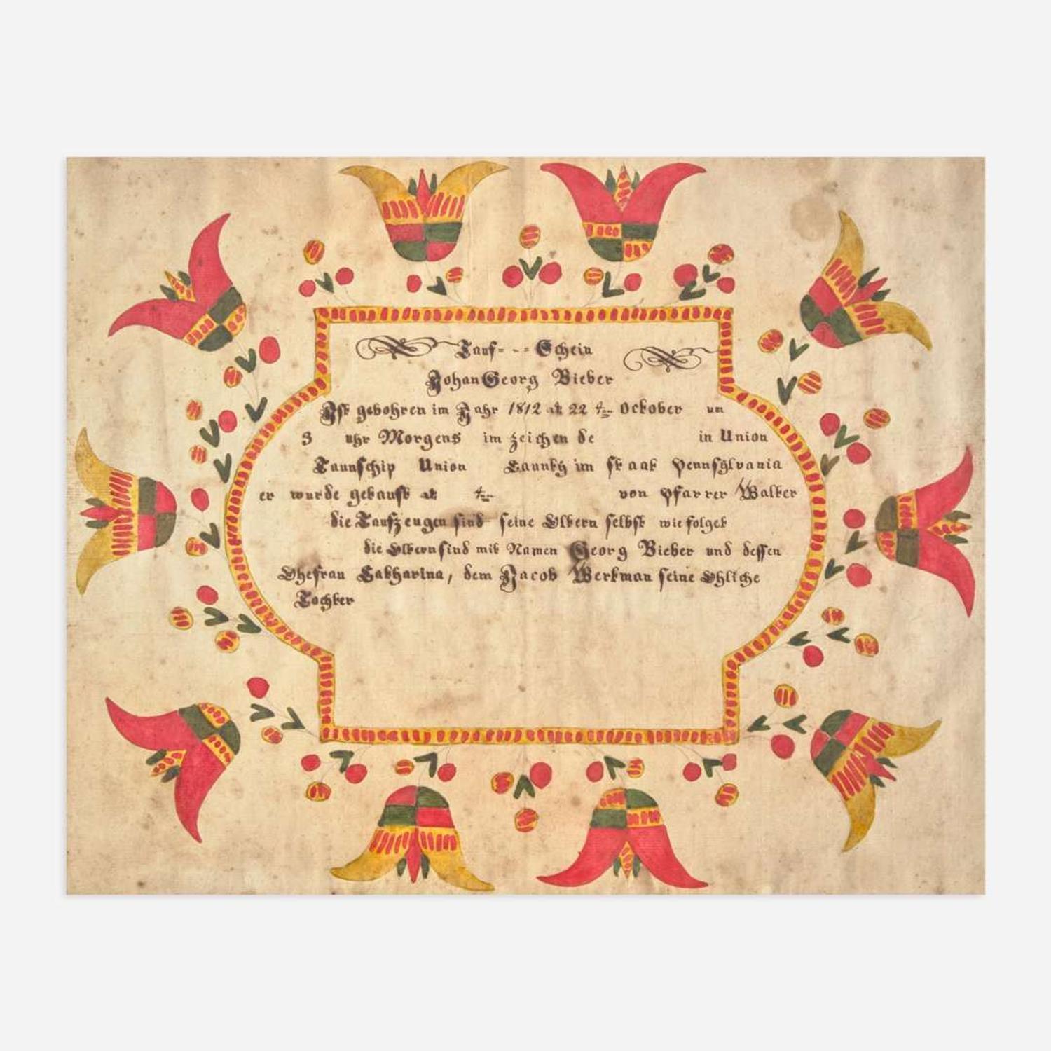 Daniel Otto (1770-1822) A Fraktur birth and baptism record for Johan George Bieber (1812-1893)