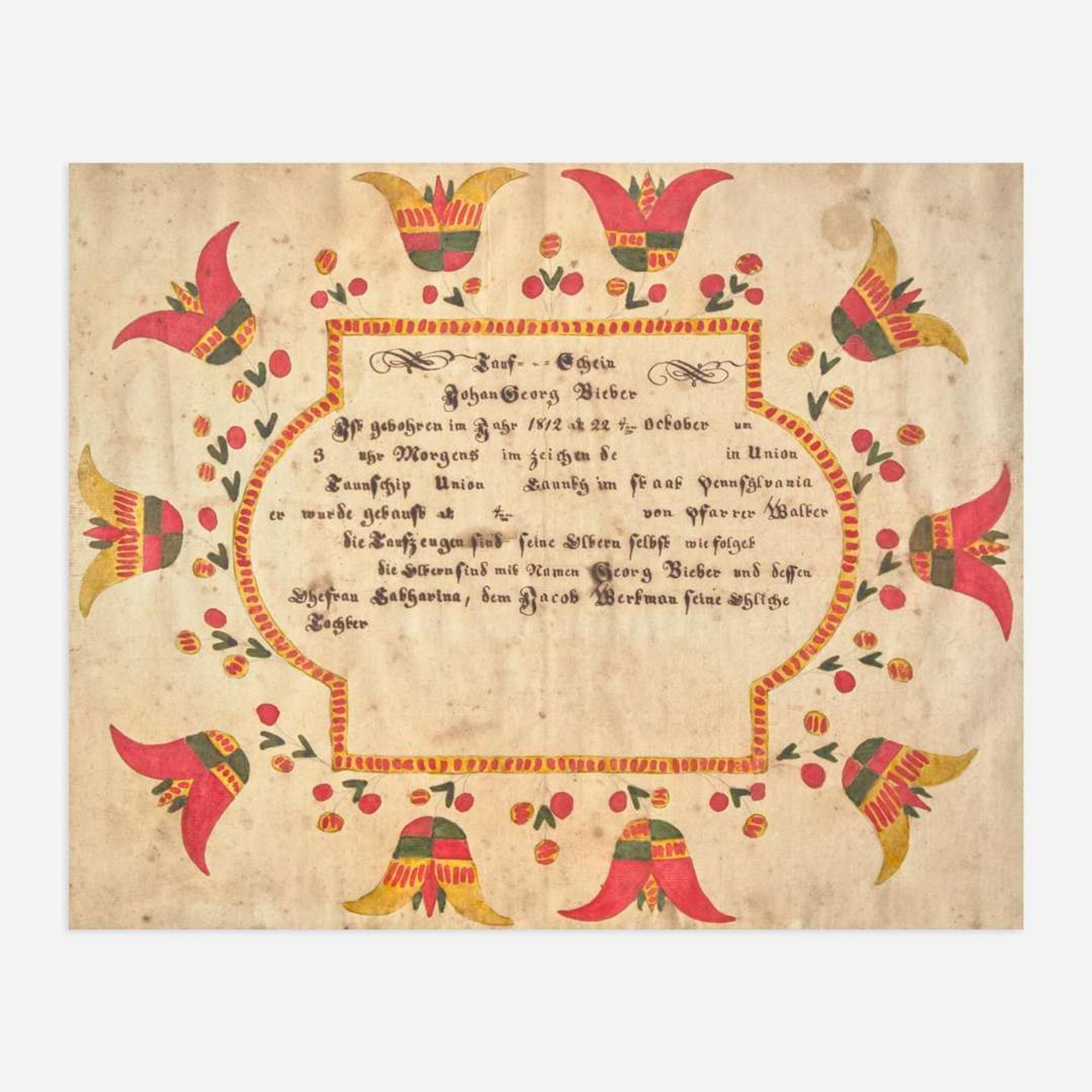 Daniel Otto (1770-1822) A Fraktur birth and baptism record for Johan George Bieber (1812-1893)
