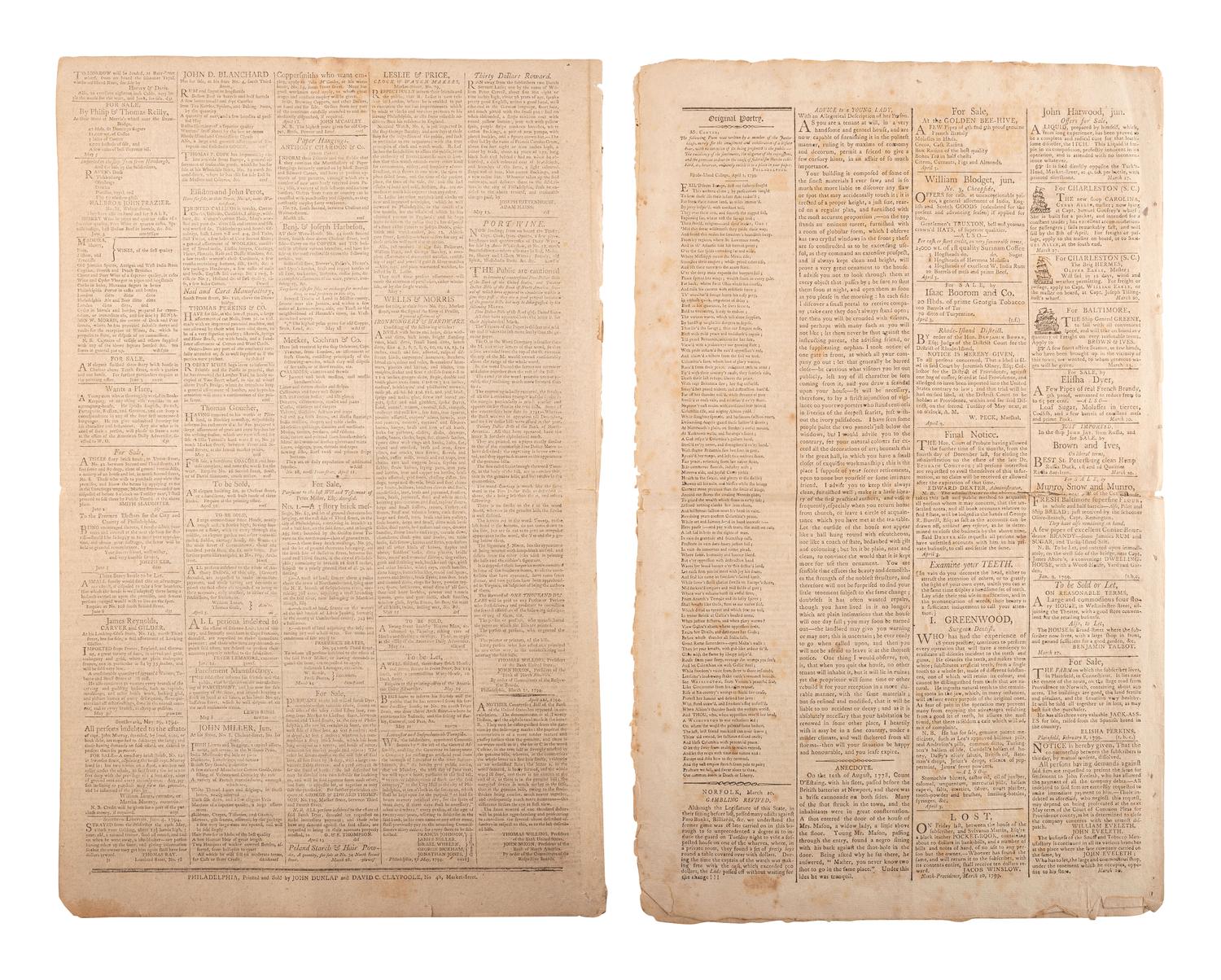 [NEWSPAPERS] -- [18TH CENTURY]. A group of 5 early American newspapers, 1793-1799.