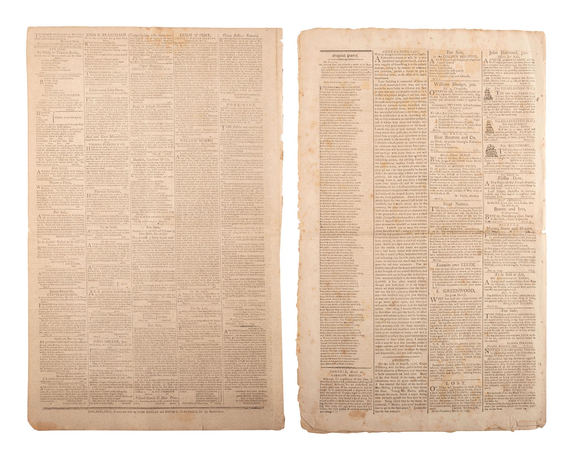 [NEWSPAPERS] -- [18TH CENTURY]. A group of 5 early American newspapers, 1793-1799.
