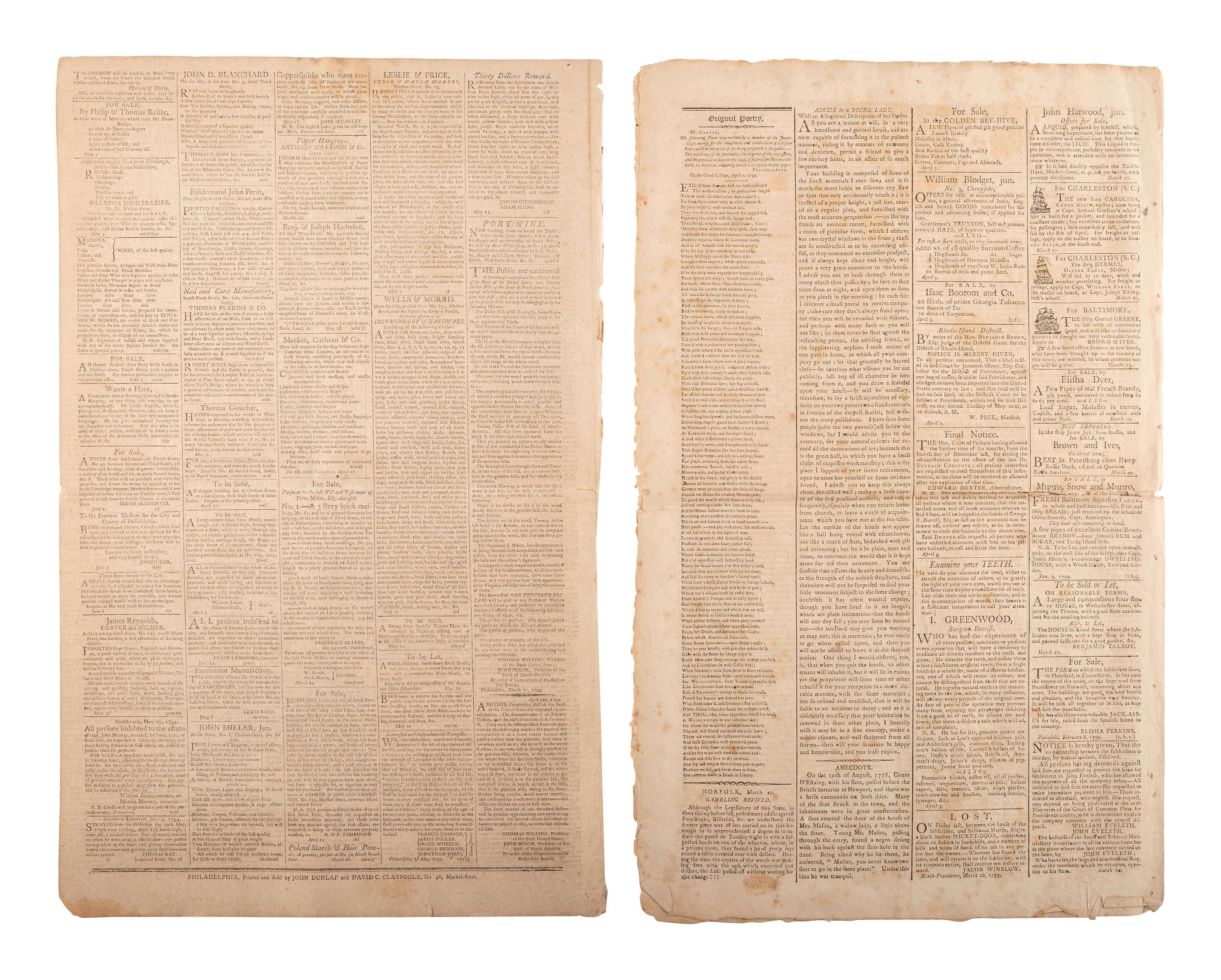 [NEWSPAPERS] -- [18TH CENTURY]. A group of 5 early American newspapers, 1793-1799.