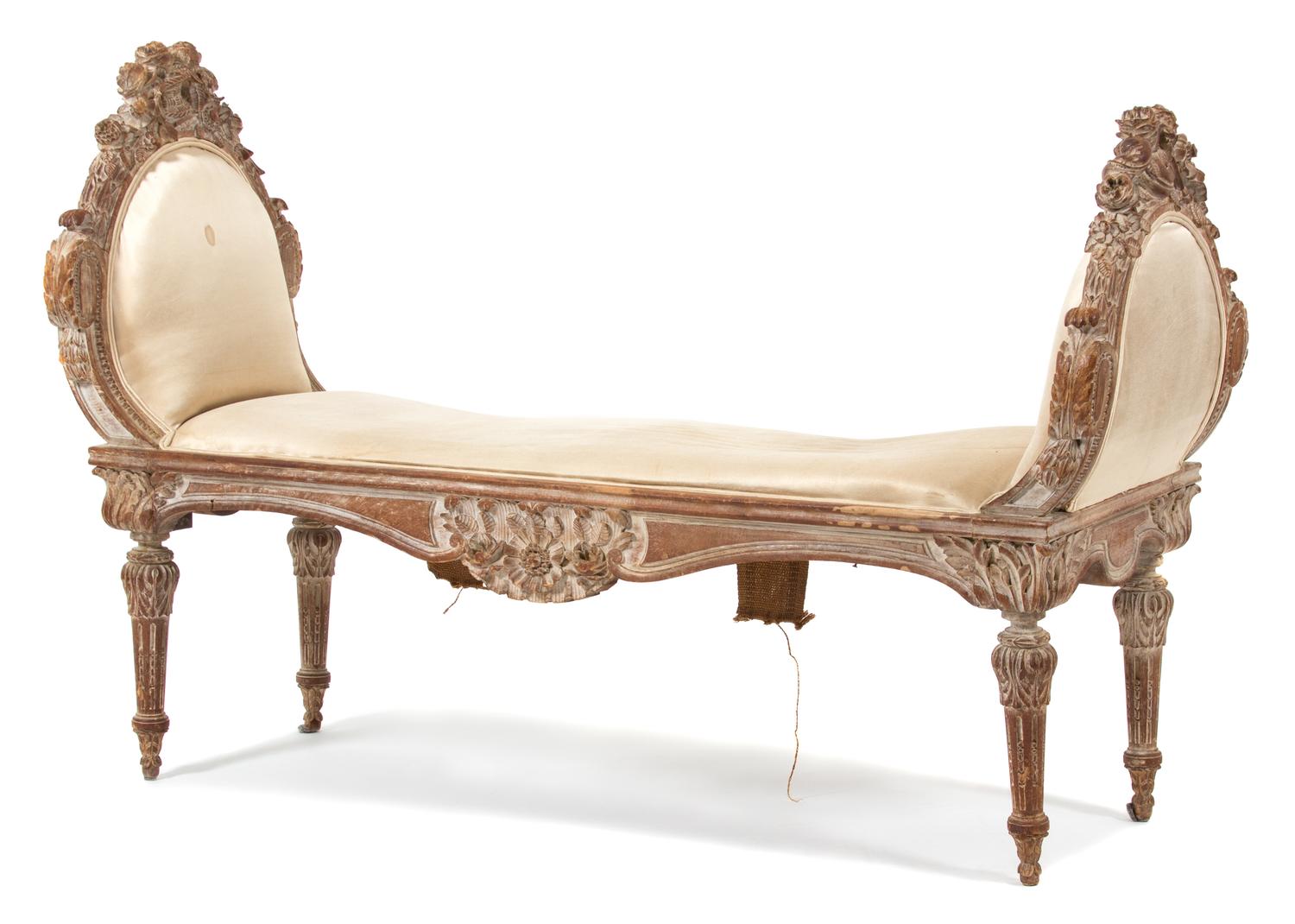 A Louis XVI Style Carved and Upholstered Window Seat Height 33 x width 49 1/2 x depth 19 inches. — 19TH CENTURY