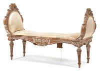 A Louis XVI Style Carved and Upholstered Window Seat Height 33 x width 49 1/2 x depth 19 inches. — 19TH CENTURY