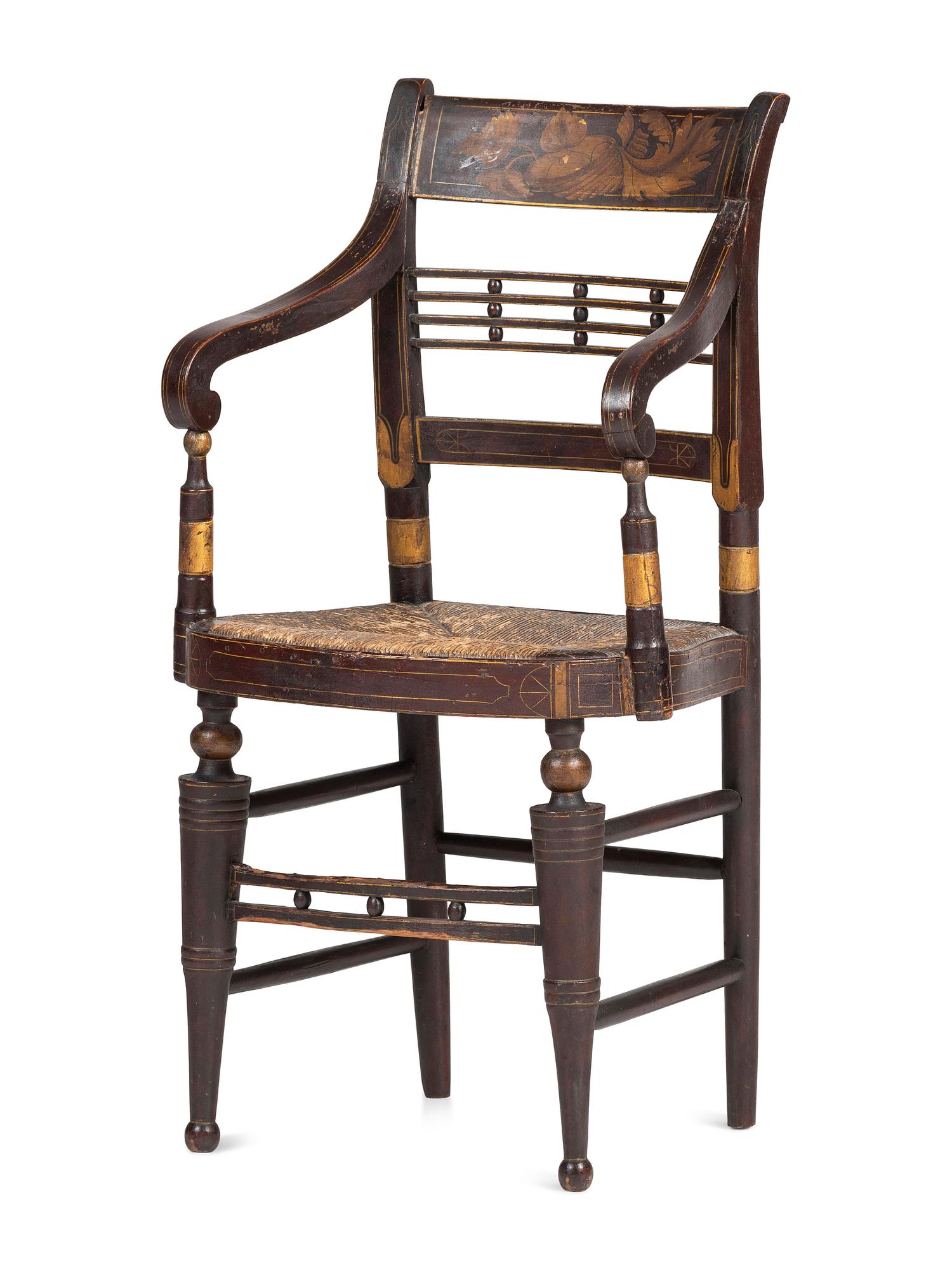 A Classical Paint-Decorated Fancy Child's Hitchcock Rush-Seat Armchair