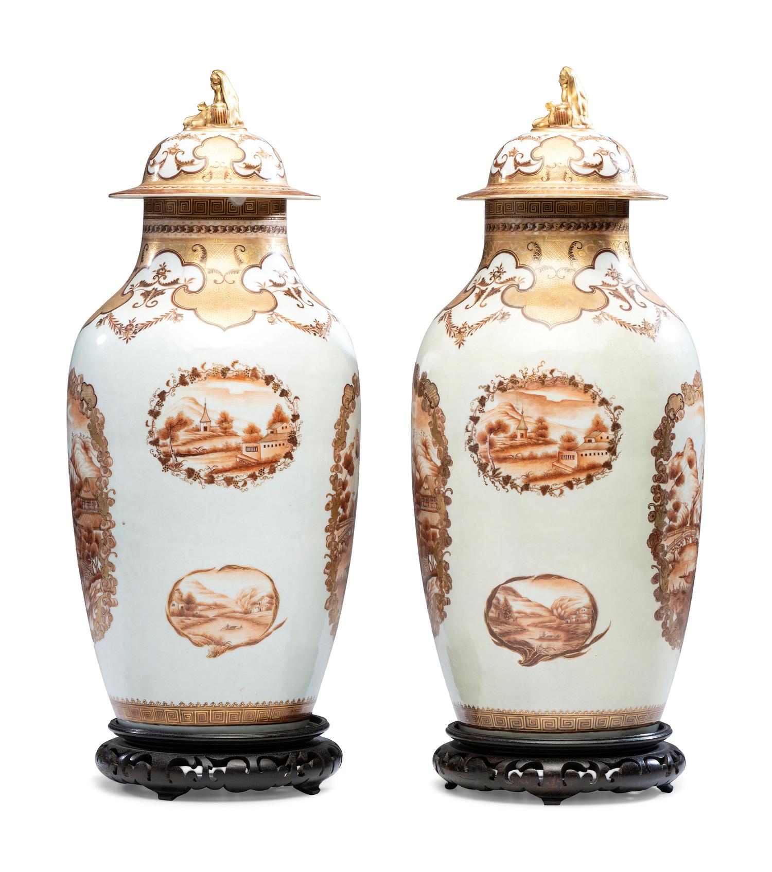 A Pair of Chinese Export Parcel Gilt and Sepia Decorated Porcelain Covered Urns