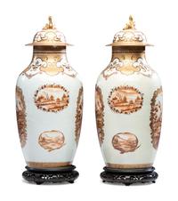 A Pair of Chinese Export Parcel Gilt and Sepia Decorated Porcelain Covered Urns