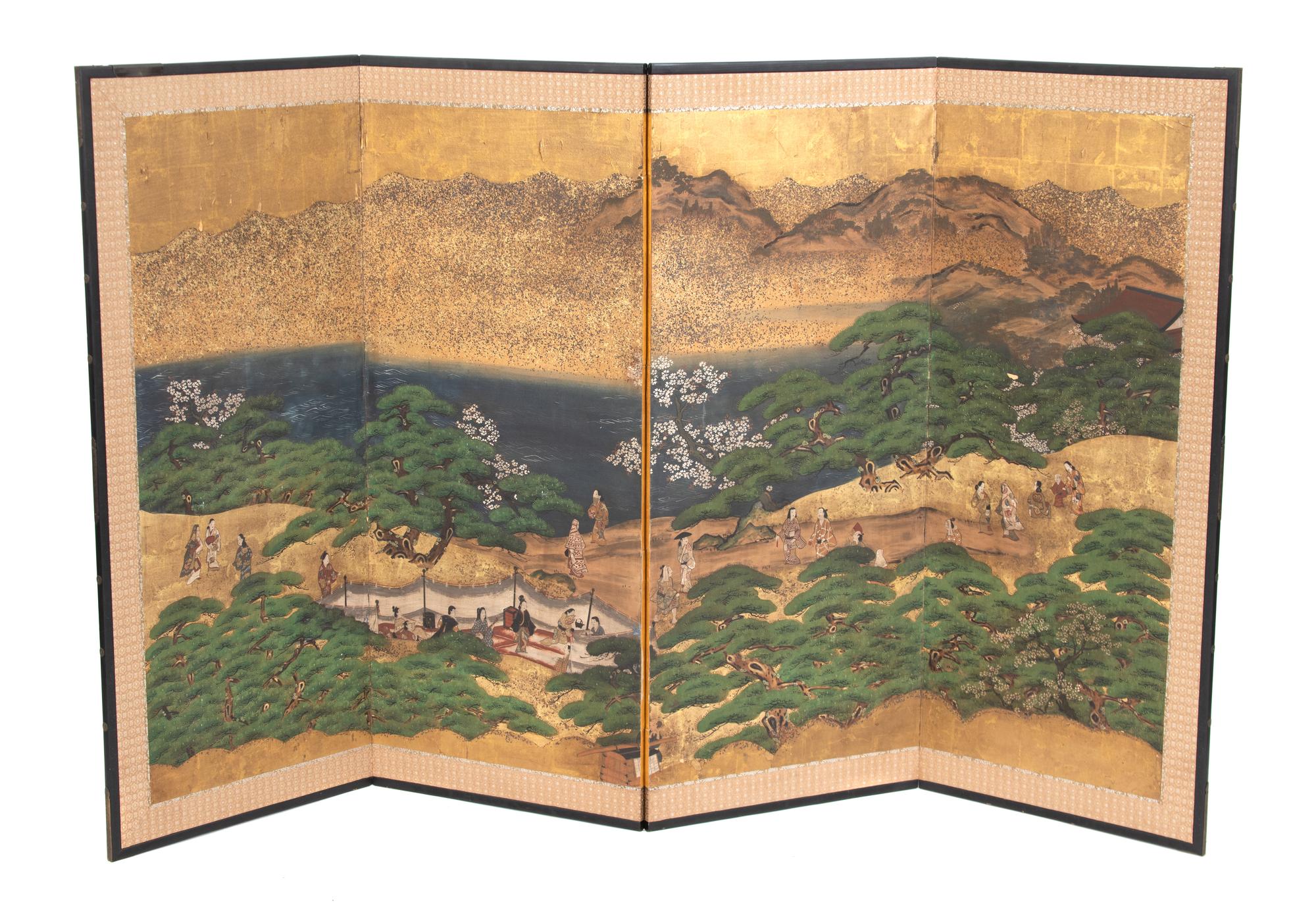 A Pair of Japanese Painted and Gilded Four-Fold Screens Each screen height 47 1/2 ; width 80 inches. — MEIJI PERIOD, 19TH CENTURY