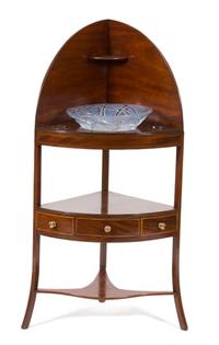 A Hepplewhite Style Inlaid Mahogany Corner Washstand Height 46 1/2 x width 23 3/4 x depth 16 inches. — 19TH CENTURY