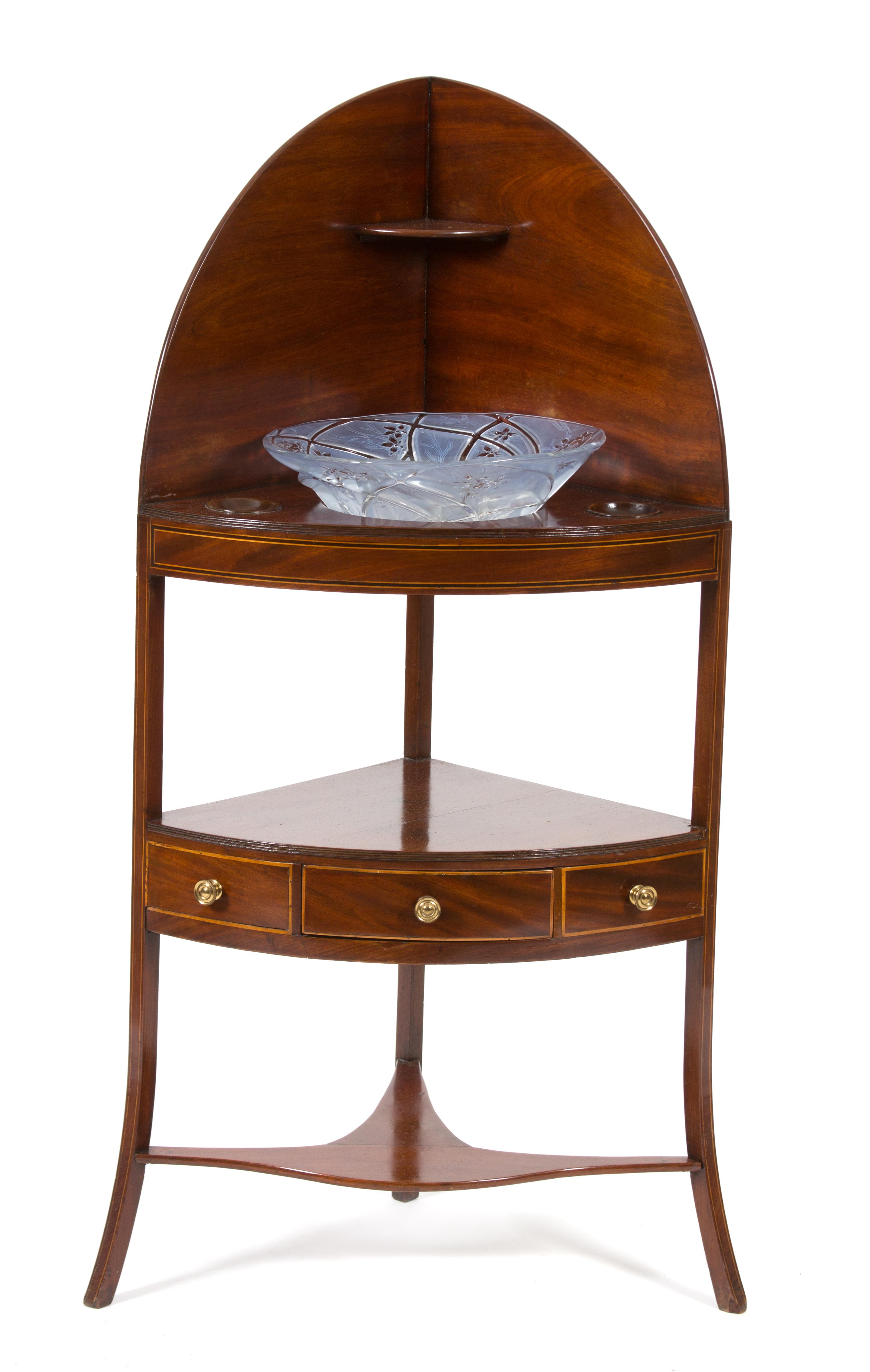 A Hepplewhite Style Inlaid Mahogany Corner Washstand Height 46 1/2 x width 23 3/4 x depth 16 inches. — 19TH CENTURY