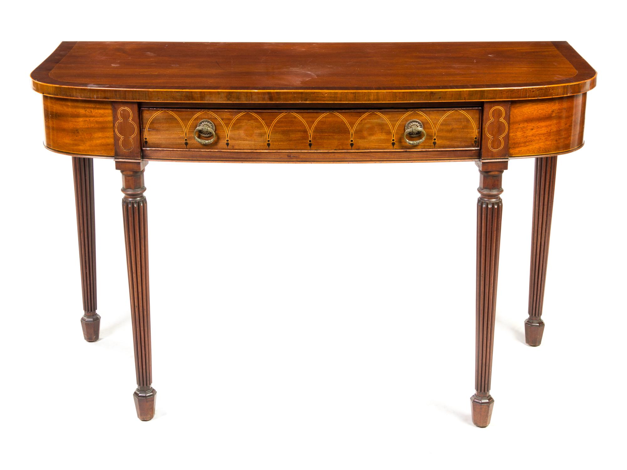 A Sheraton Style Mahogany and Marquetry Console Table Height 31 x width 49 x depth 22 inches. — 19TH CENTURY