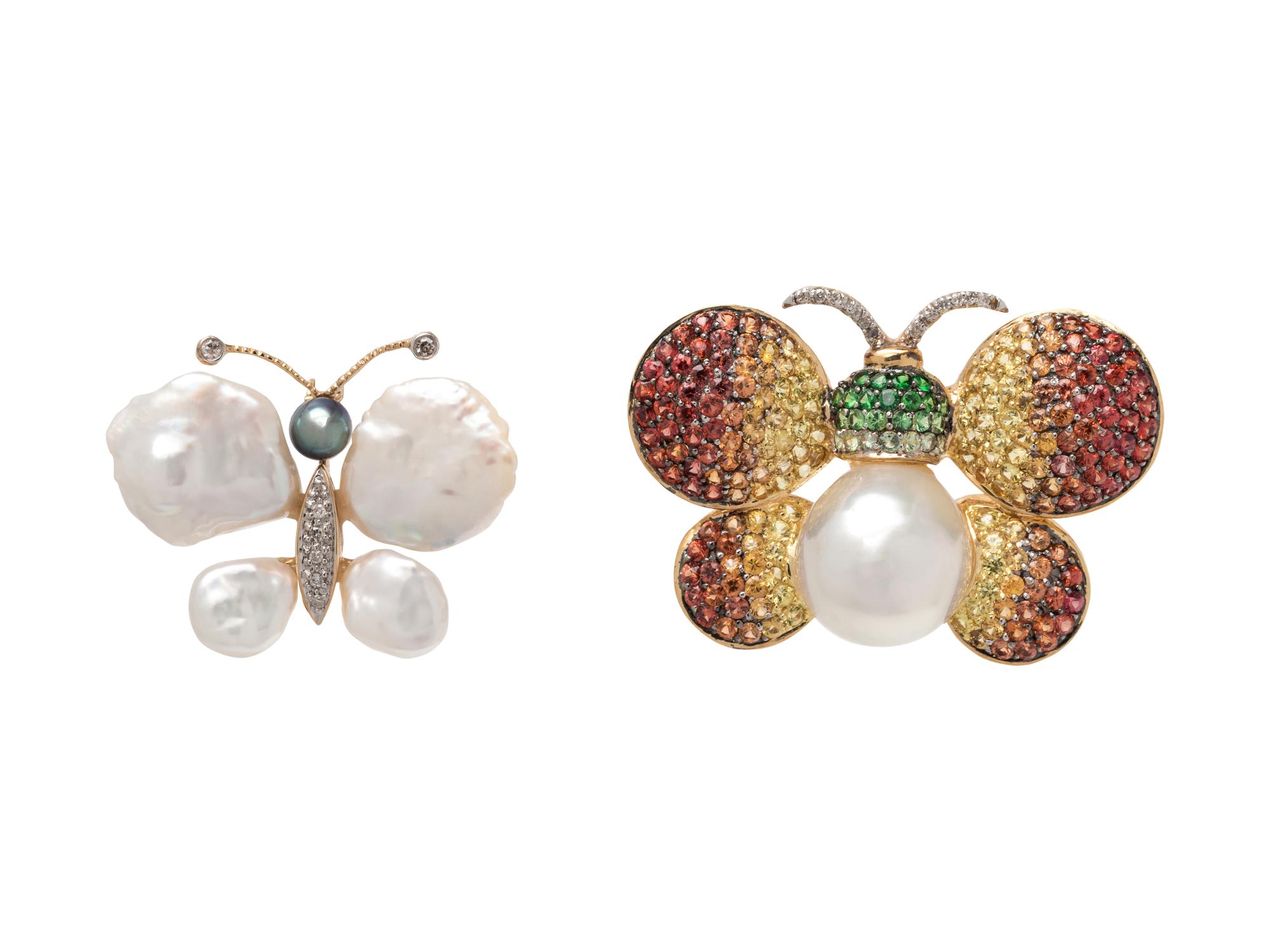 COLLECTION OF PEARL AND DIAMOND BUTTERFLY PENDANT/BROOCHES