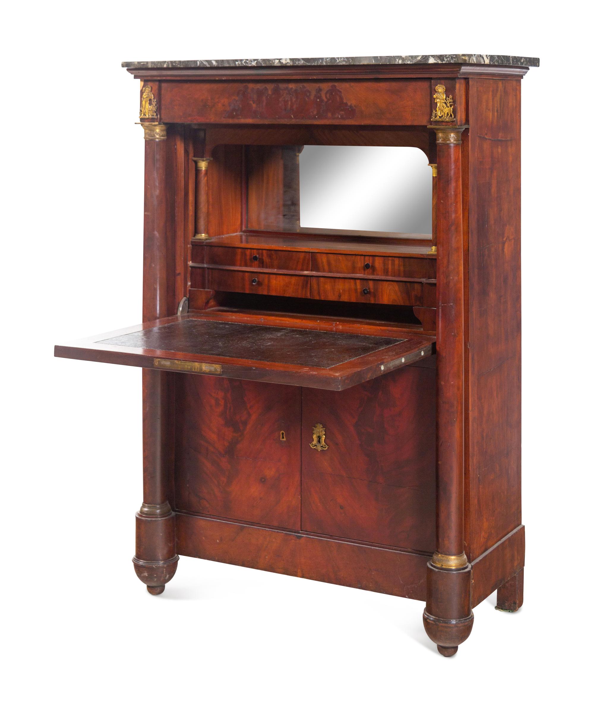 An Empire Style Gilt Metal Mounted Mahogany Marble-Top Secrétaire à Abattant