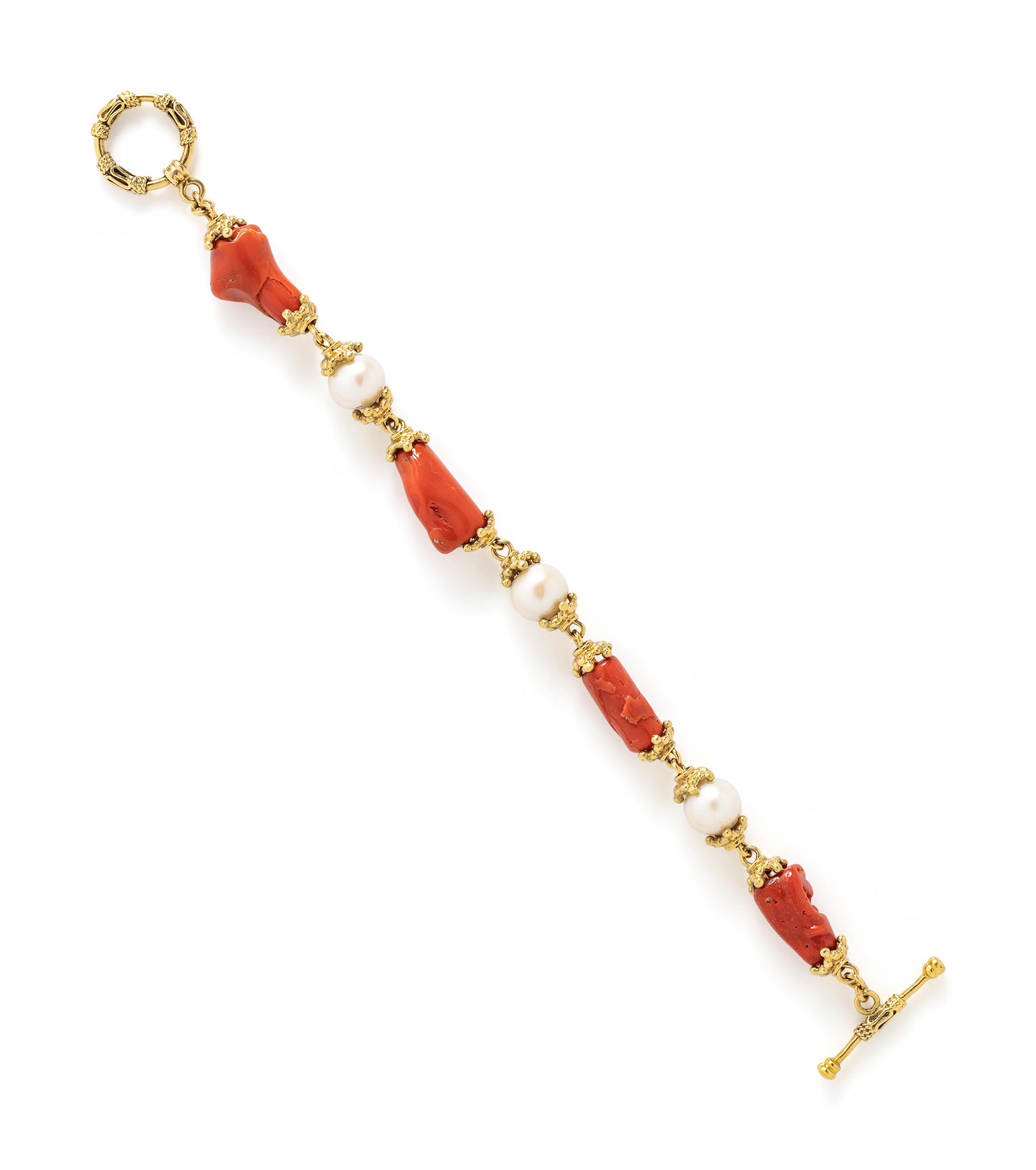 MAZ, YELLOW GOLD, CORAL AND CULTURED PEARL BRACELET