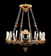 An Empire Gilt and Patinated Bronze Eighteen-Light Chandelier Height 40 x diameter 34 inches. — 19TH CENTURY