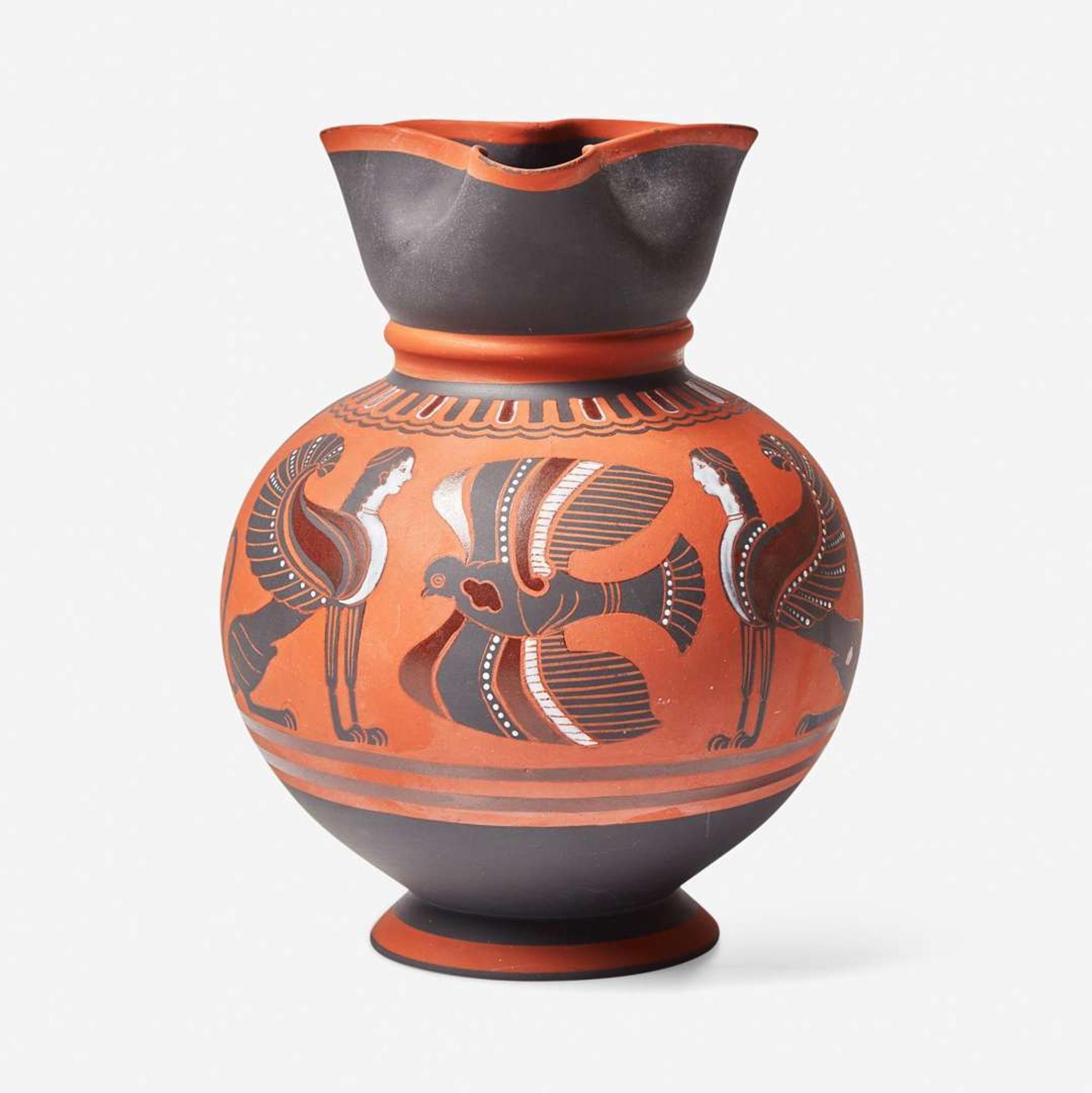 A Wedgwood Encaustic-Decorated Black Basalt Ale Jug with Sphinxes UK, 1850s
