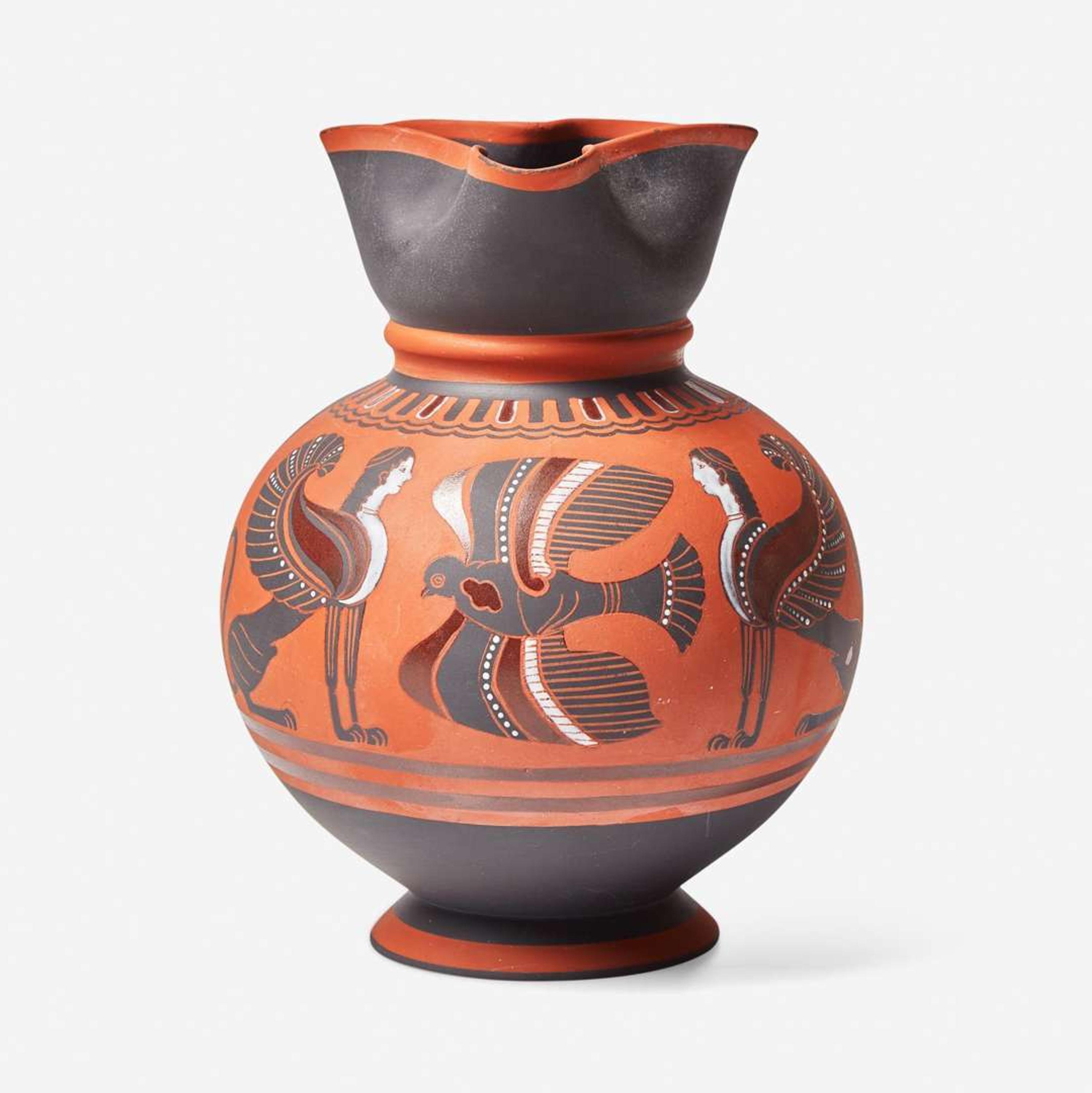 A Wedgwood Encaustic-Decorated Black Basalt Ale Jug with Sphinxes UK, 1850s