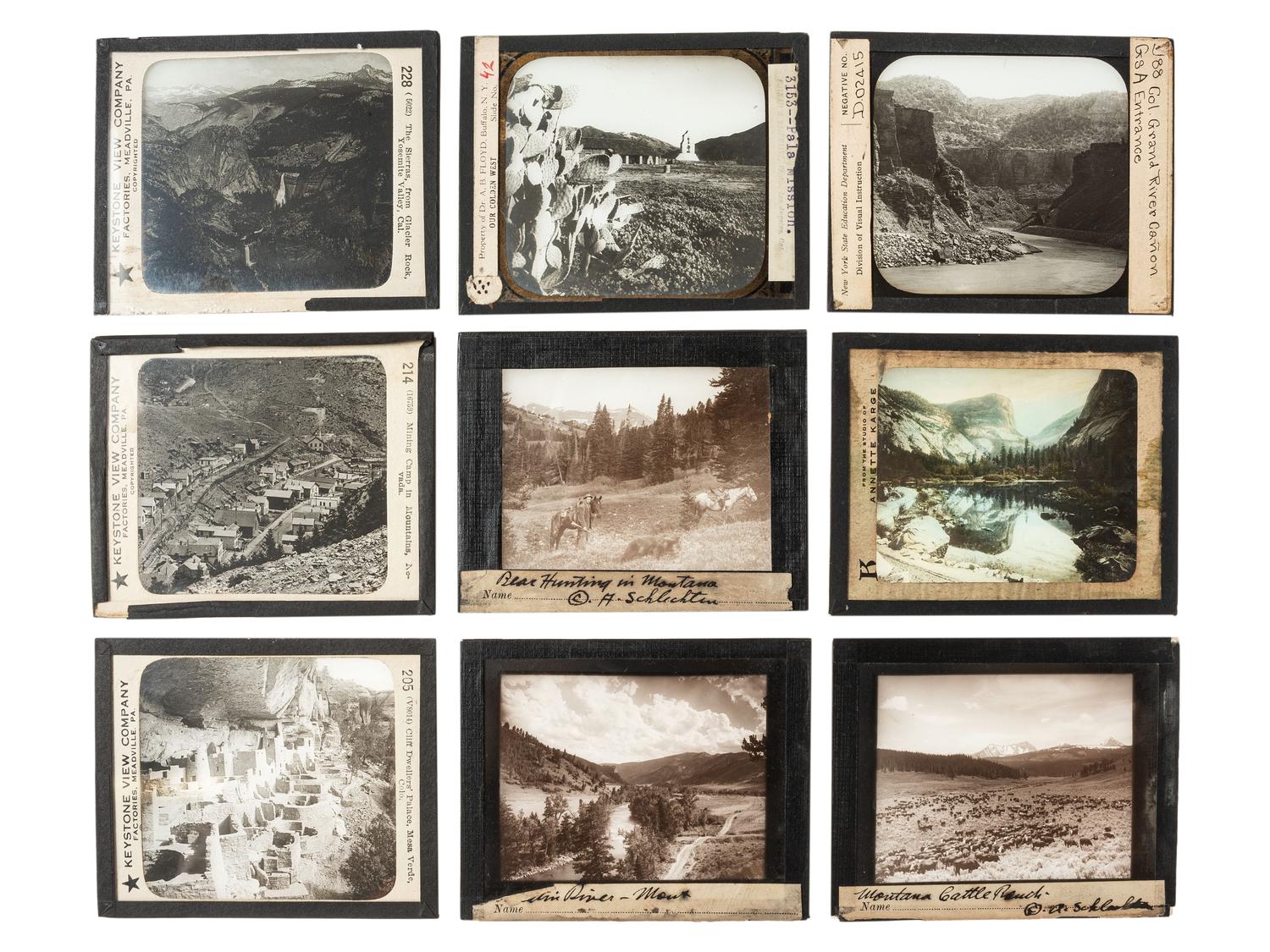 [WESTERN AMERICANA]. A group of magic lantern slides with Native American and western subject matter, including: