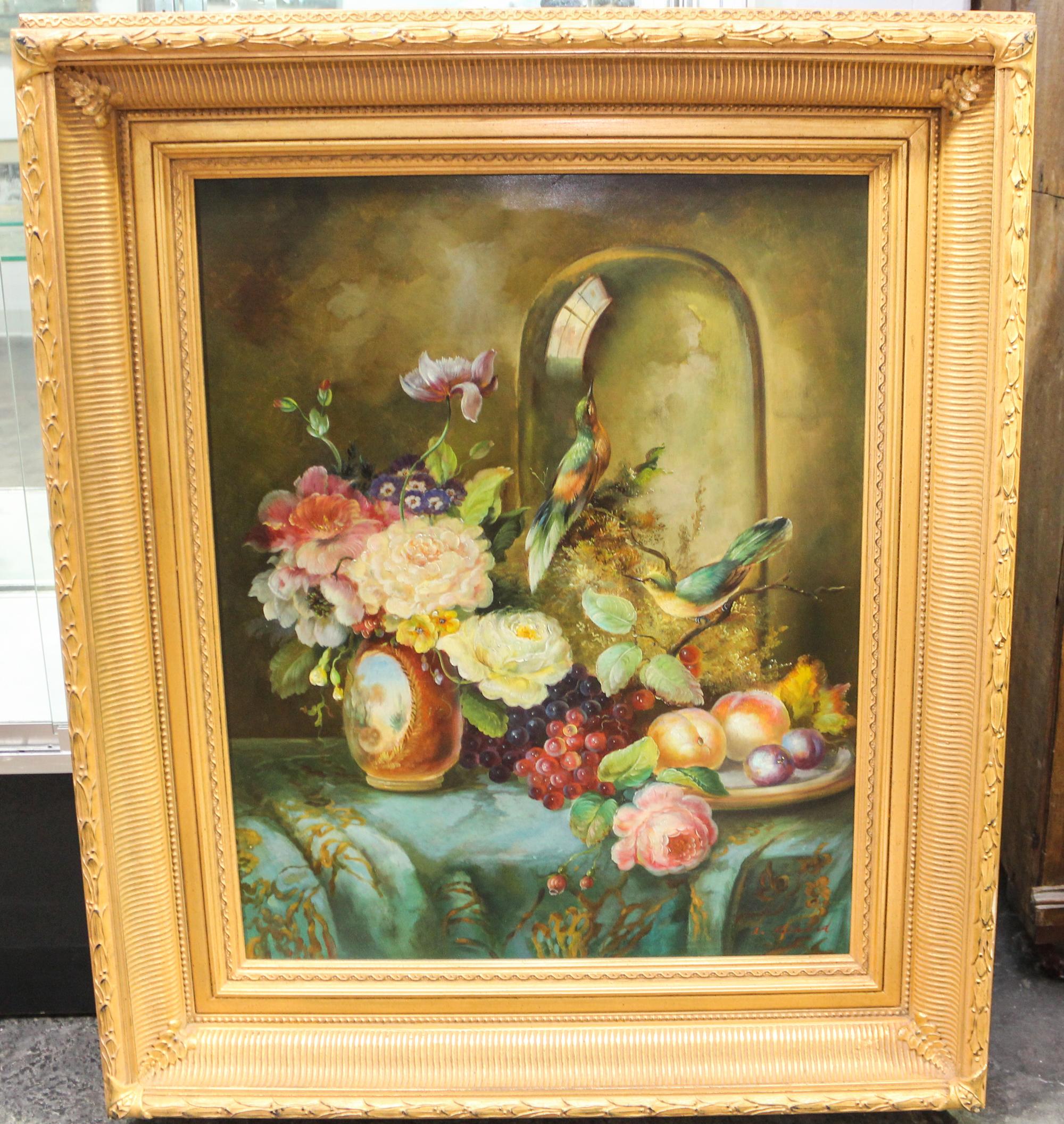 Continental School, (20th century), Still Life with Flower, Fruit and Birds