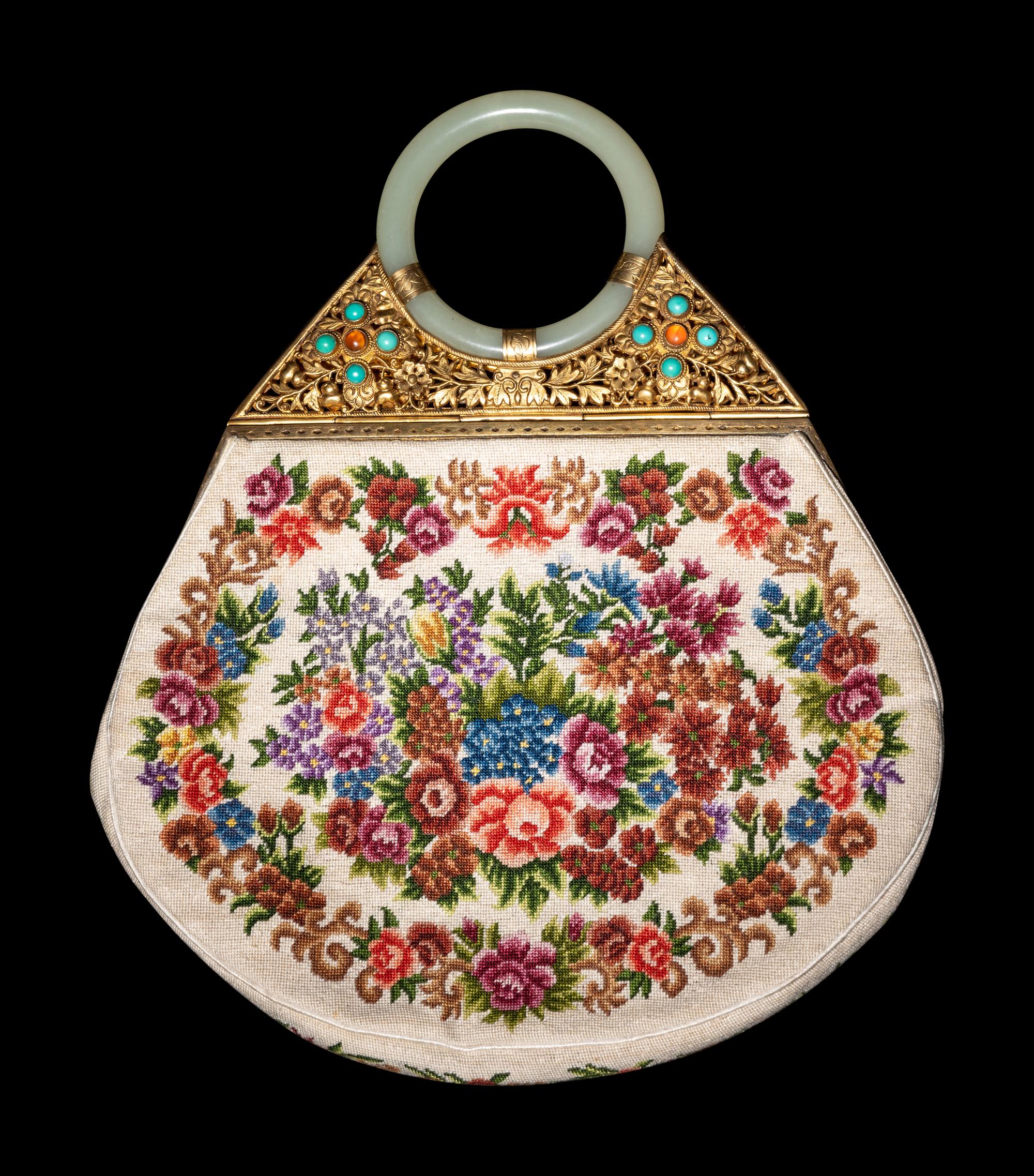 A Chinese Jade and Hardstone Mounted Embroidered Purse