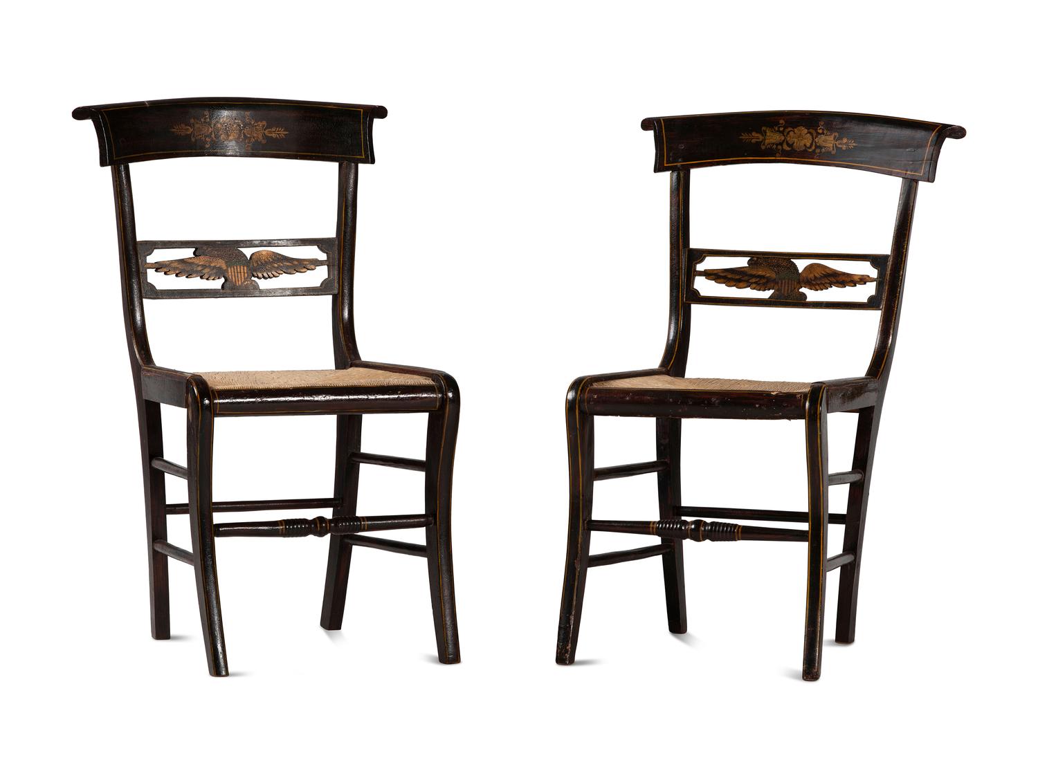 A Pair of Classical Eagle Carved and Grain Paint Decorated Rush Seat Side Chairs