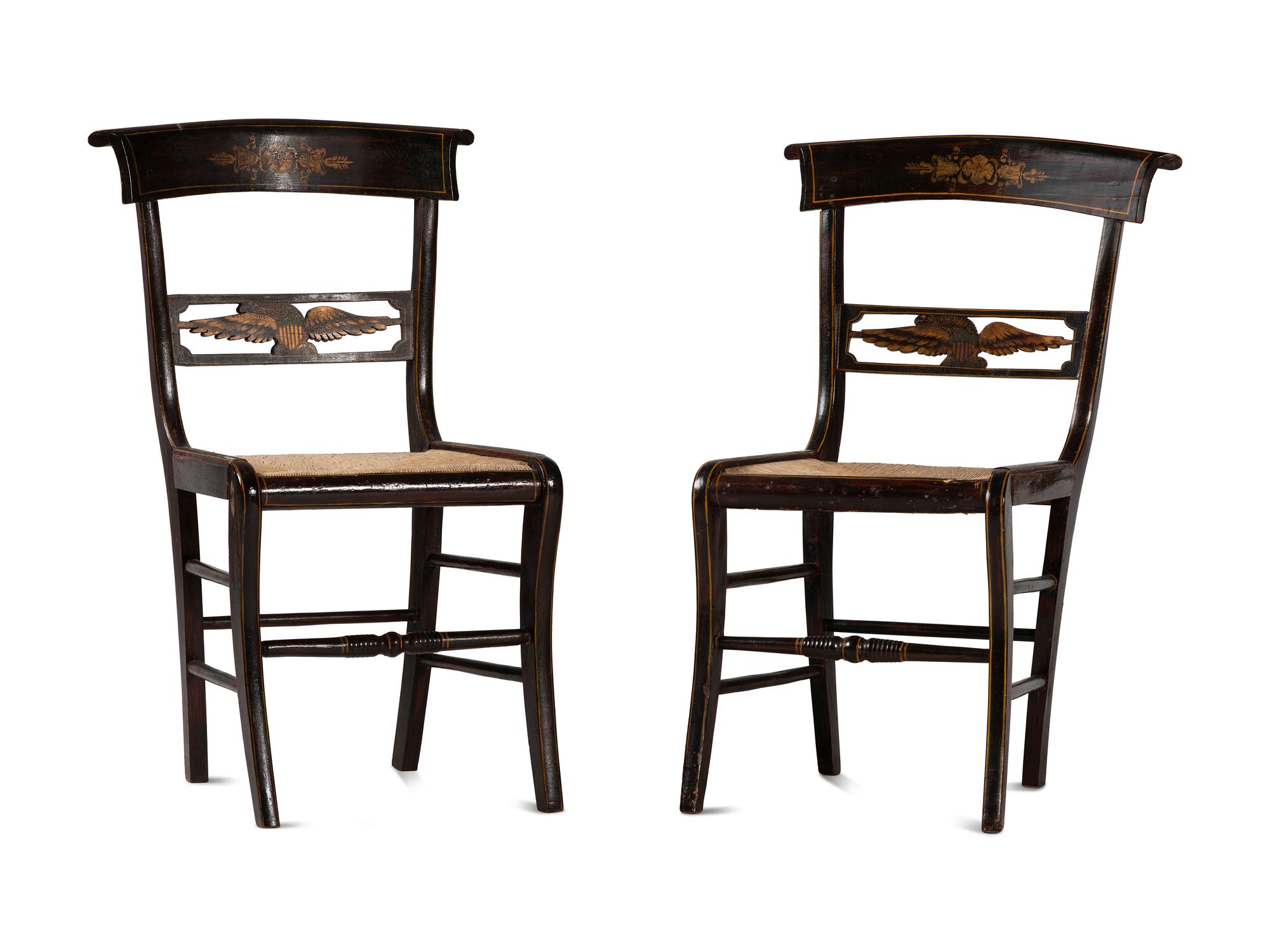 A Pair of Classical Eagle Carved and Grain Paint Decorated Rush Seat Side Chairs