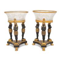 A Pair of Egyptian Revival Patinated and Parcel-Gilt Bronze and Cut-Glass Centerpieces