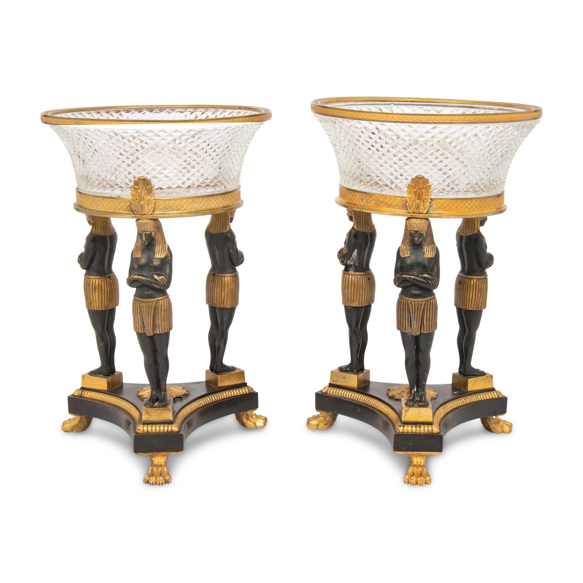A Pair of Egyptian Revival Patinated and Parcel-Gilt Bronze and Cut-Glass Centerpieces