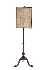 A George III Pole Screen Set with English Needlework Embroidered Adam and Eve Sampler