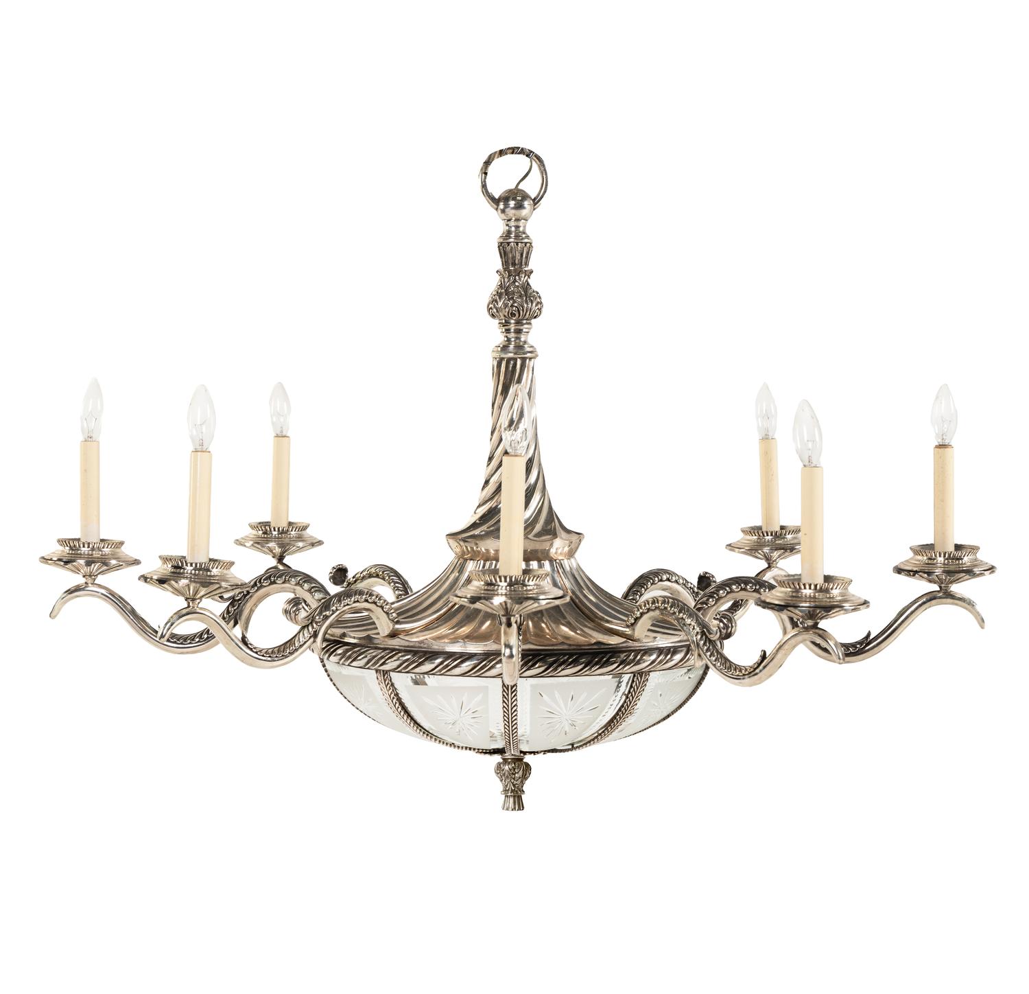 A Continental Silvered Bronze and Frosted Glass Eight-Light Chandelier