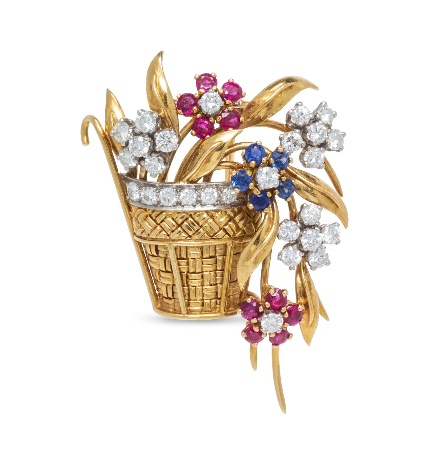An 18 Karat Yellow Gold, Platinum, Diamond, Ruby and Sapphire Flower Basket Brooch, French, 11.20 dwts