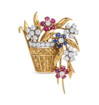 An 18 Karat Yellow Gold, Platinum, Diamond, Ruby and Sapphire Flower Basket Brooch, French, 11.20 dwts