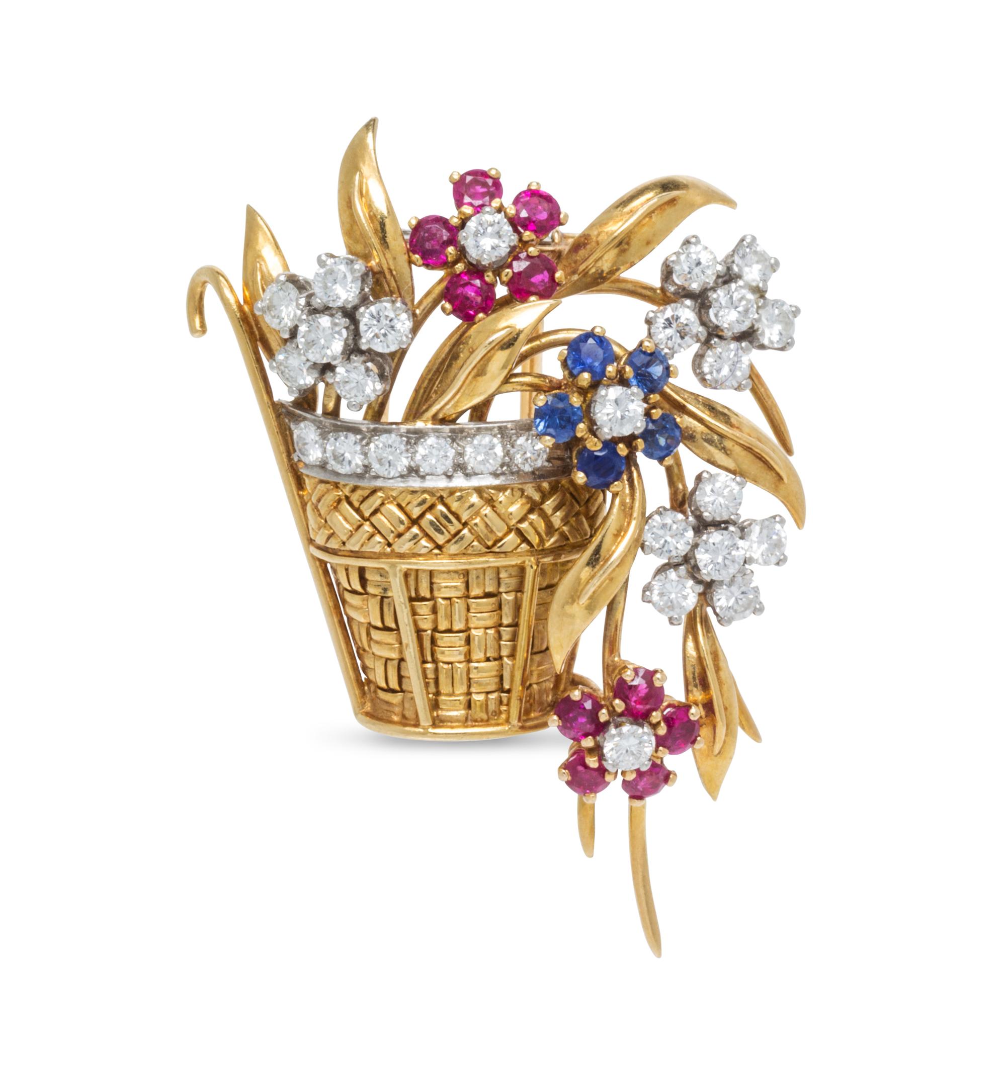 An 18 Karat Yellow Gold, Platinum, Diamond, Ruby and Sapphire Flower Basket Brooch, French, 11.20 dwts