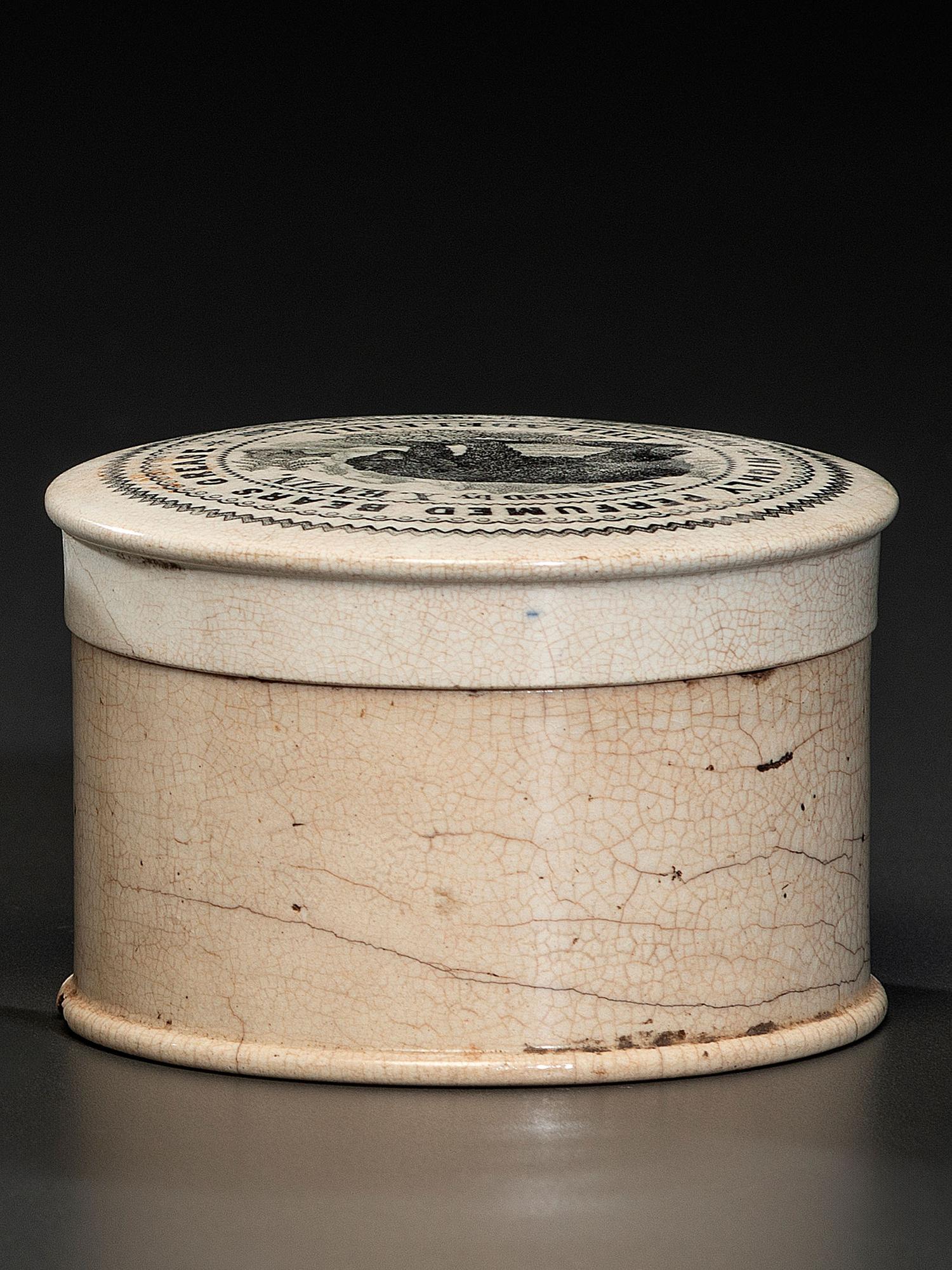 A Rare Transfer Printed Porcelain Perfumed Bear Grease Pot Lid and Base