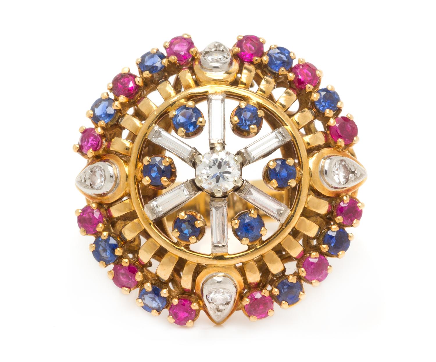 An 18 Karat Yellow Gold, Diamond, Sapphire and Ruby Ring, 9.20 dwts.