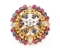 An 18 Karat Yellow Gold, Diamond, Sapphire and Ruby Ring, 9.20 dwts.
