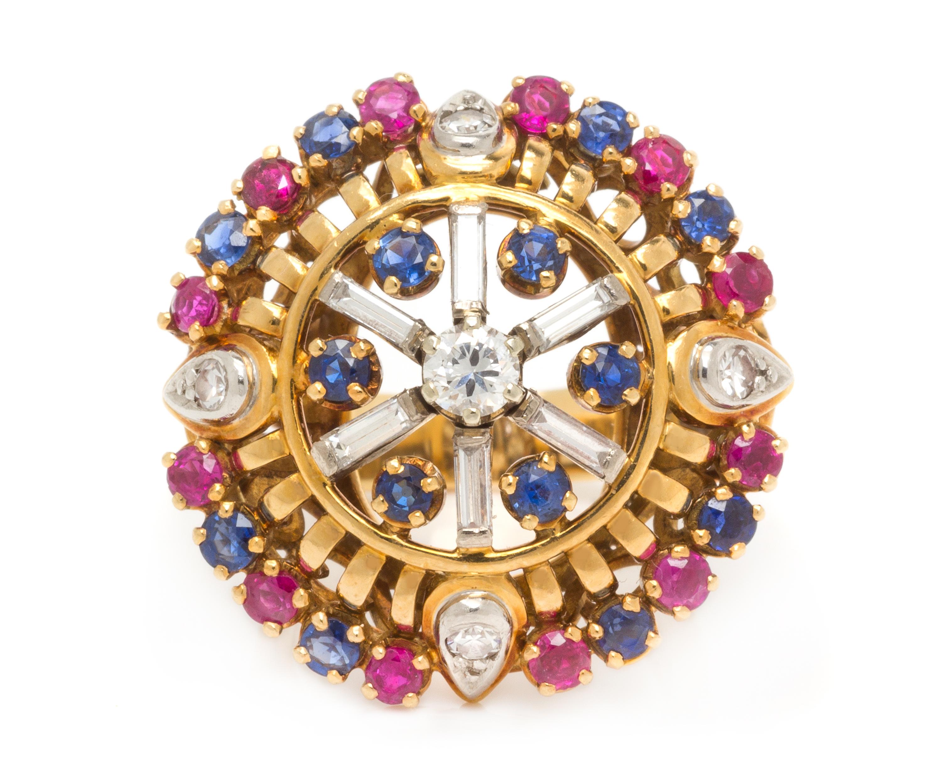 An 18 Karat Yellow Gold, Diamond, Sapphire and Ruby Ring, 9.20 dwts.