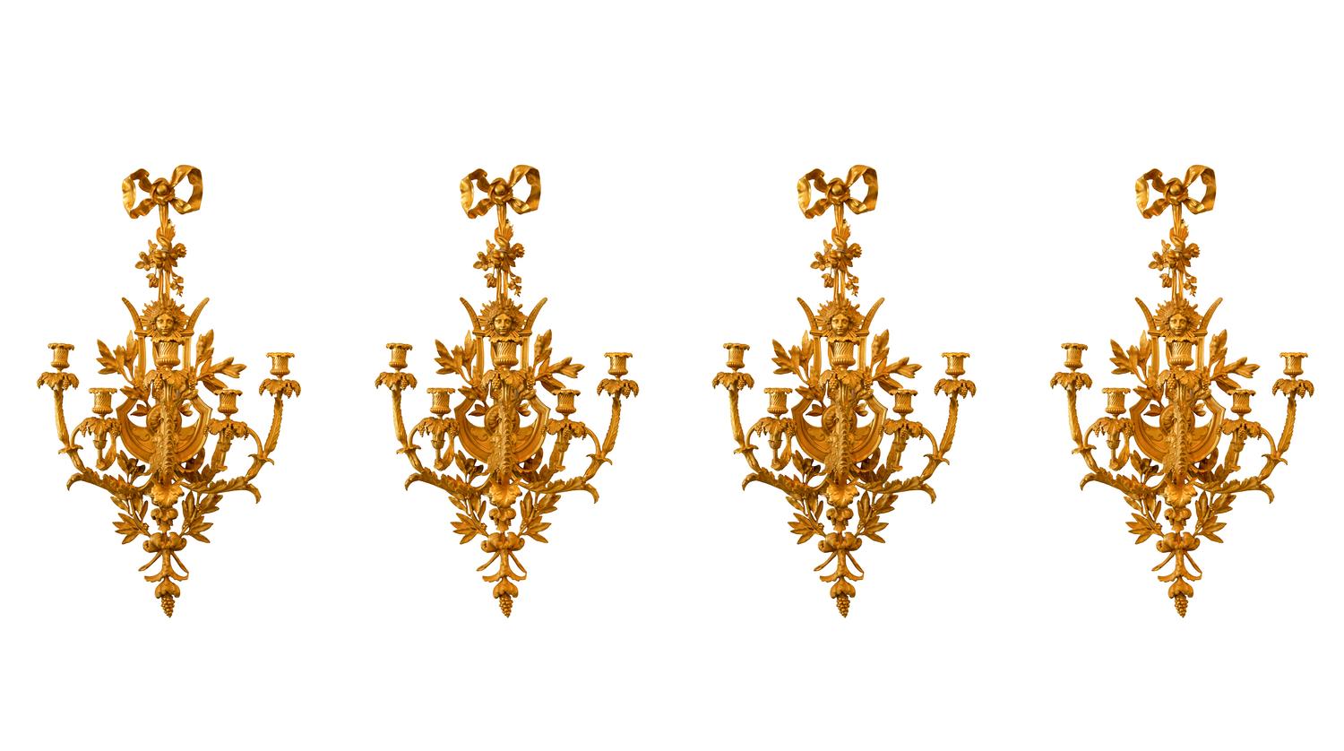 A Set of Four Louis XVI Style Gilt Bronze Five-Light Sconces