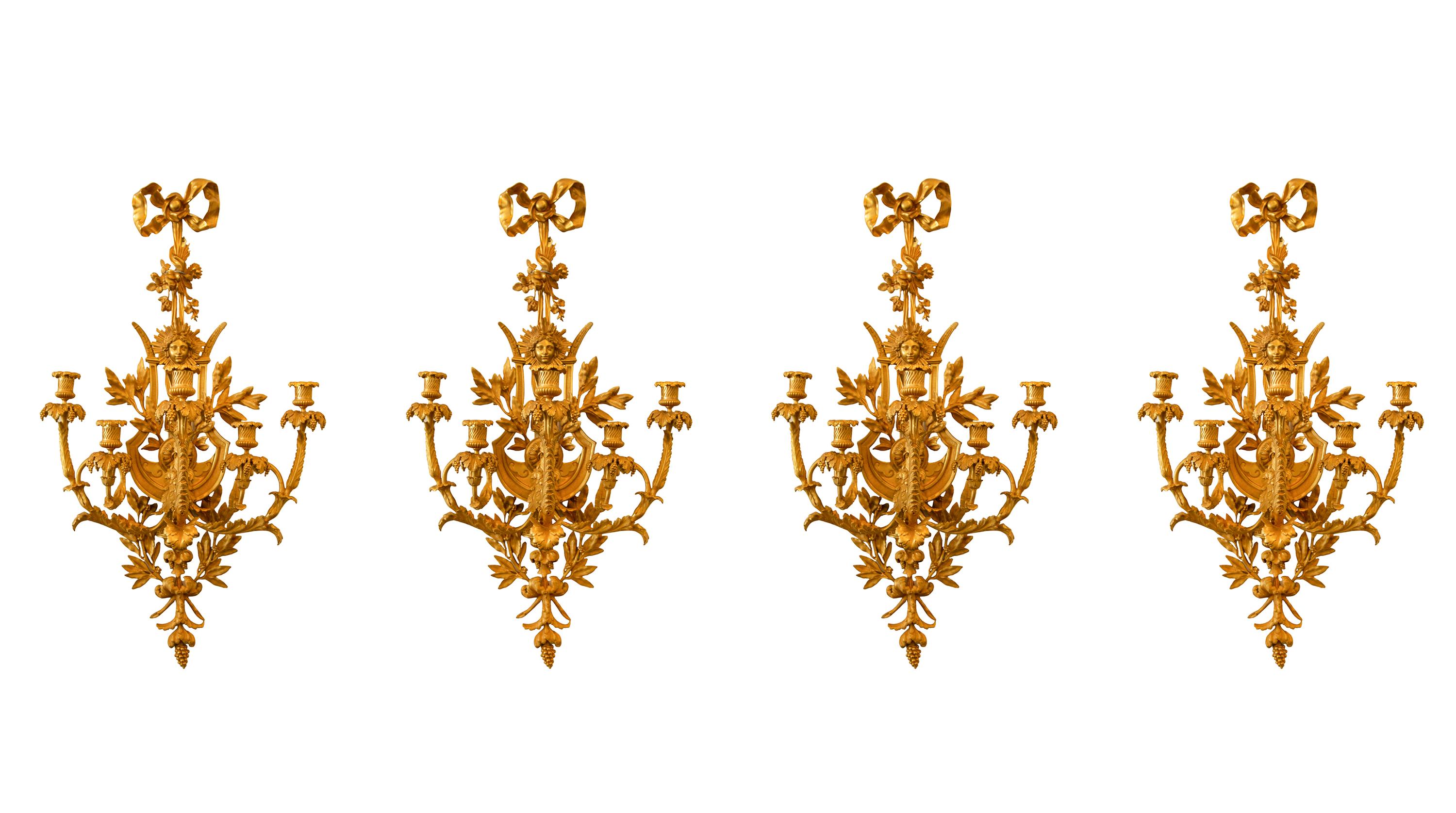 A Set of Four Louis XVI Style Gilt Bronze Five-Light Sconces