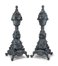 A Pair of Italian Faux Marble Painted Carved Wood Urns on Stands